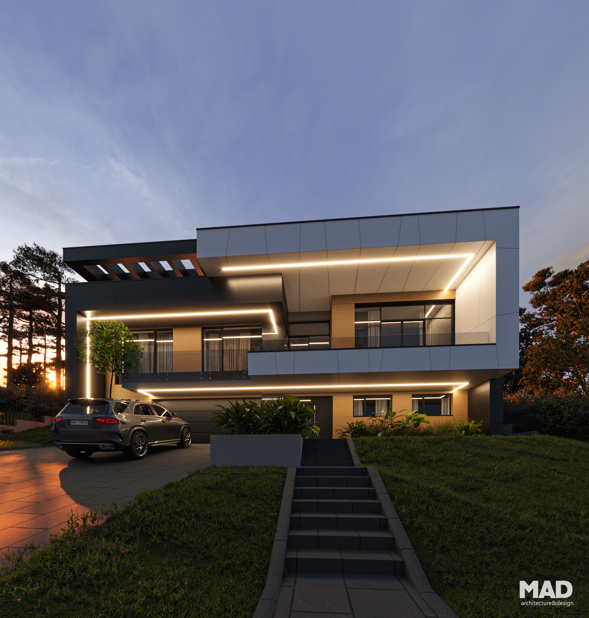Fațadă principală a unei case moderne cu demisol și parter realizată de MAD architecture&design, finisată cu placaje HPL și bond, iluminată cu benzi LED arhitecturale.