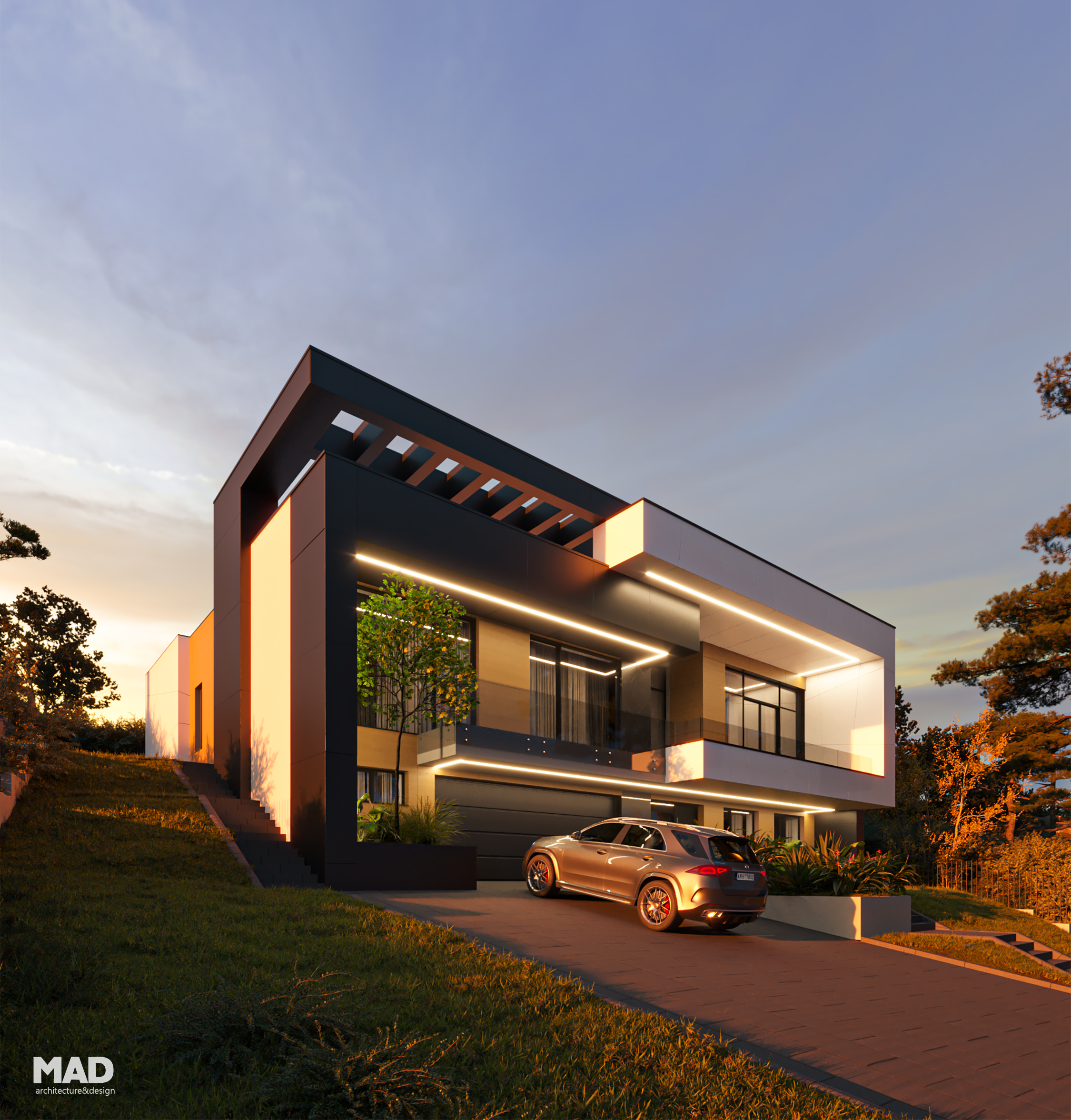 Perspectivă asupra unei case moderne cu demisol și parter, proiect MAD architecture&design, cu fațadă finisată în HPL și bond, iluminată cu benzi LED continue.
