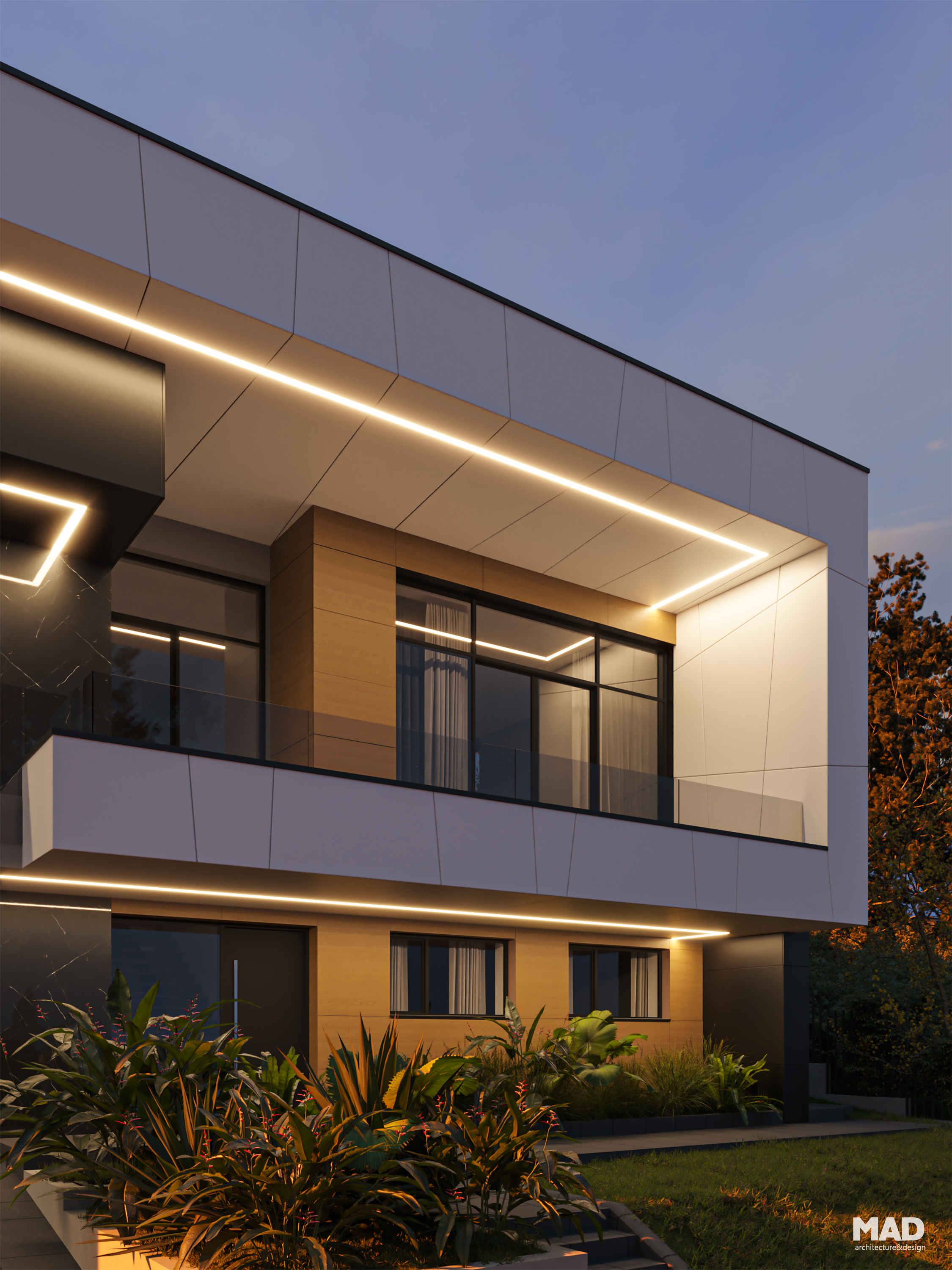 Perspectivă spre zona de intrare a unei case moderne cu demisol și parter, realizată de MAD architecture&design, cu fațadă ventilată din HPL și panouri cu aspect de lemn.
