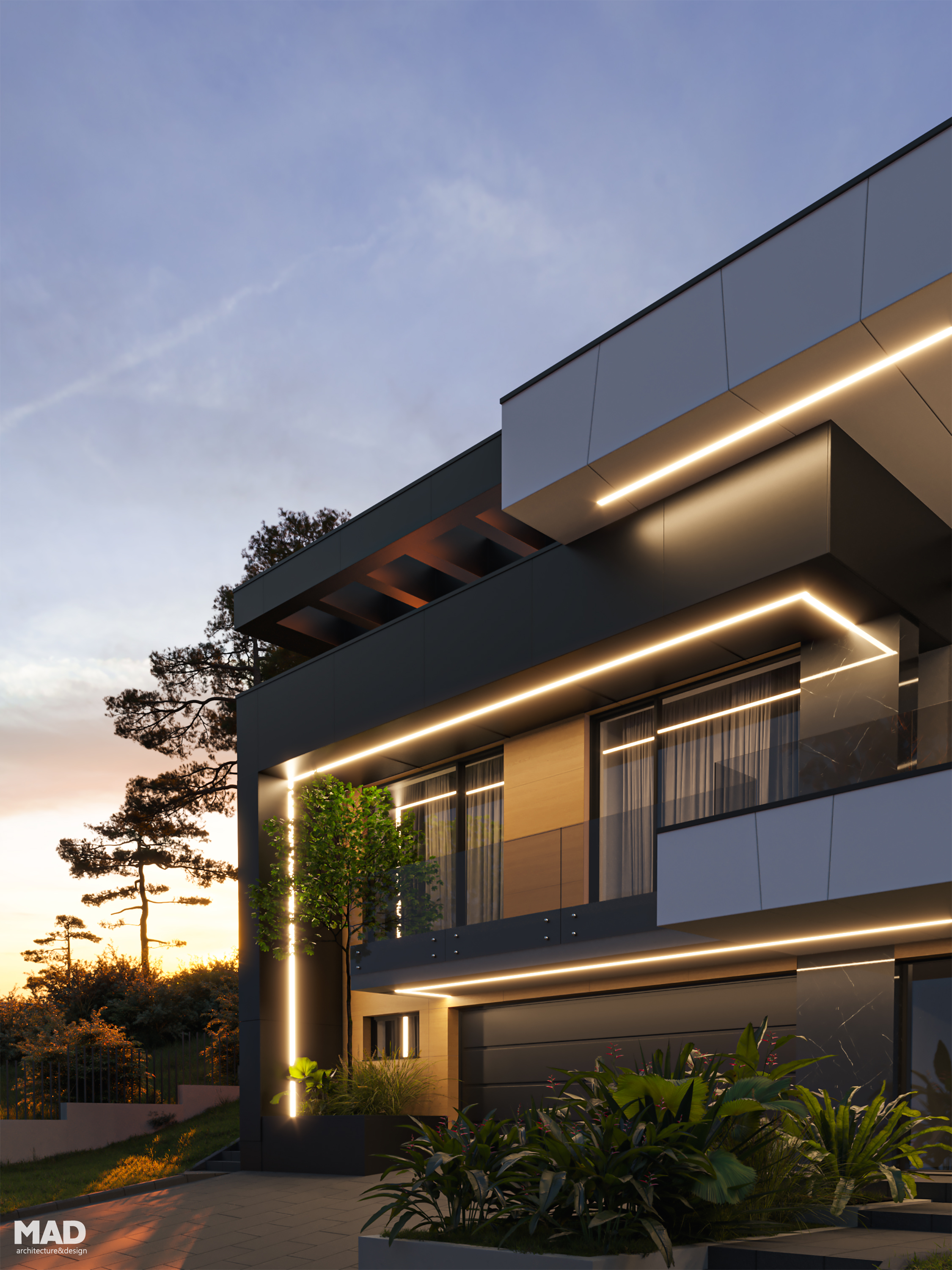 Fațadă principală a unei locuințe moderne cu demisol și parter, proiect MAD architecture&design, finisată cu placaje HPL și bond și iluminare LED integrată.
