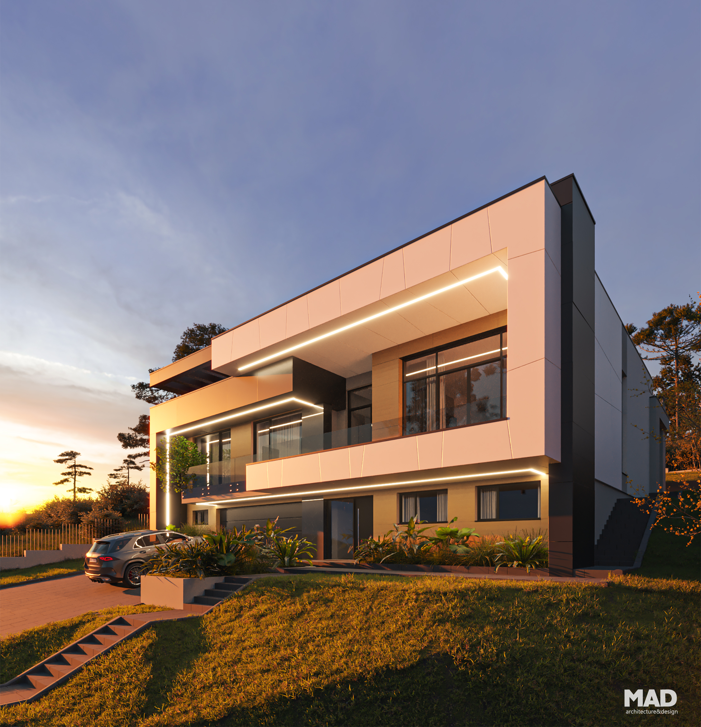 Perspectivă arhitecturală a unei case moderne cu demisol și parter, proiect MAD architecture&design, fațadă ventilată cu HPL și bond, evidențiată prin iluminare LED.