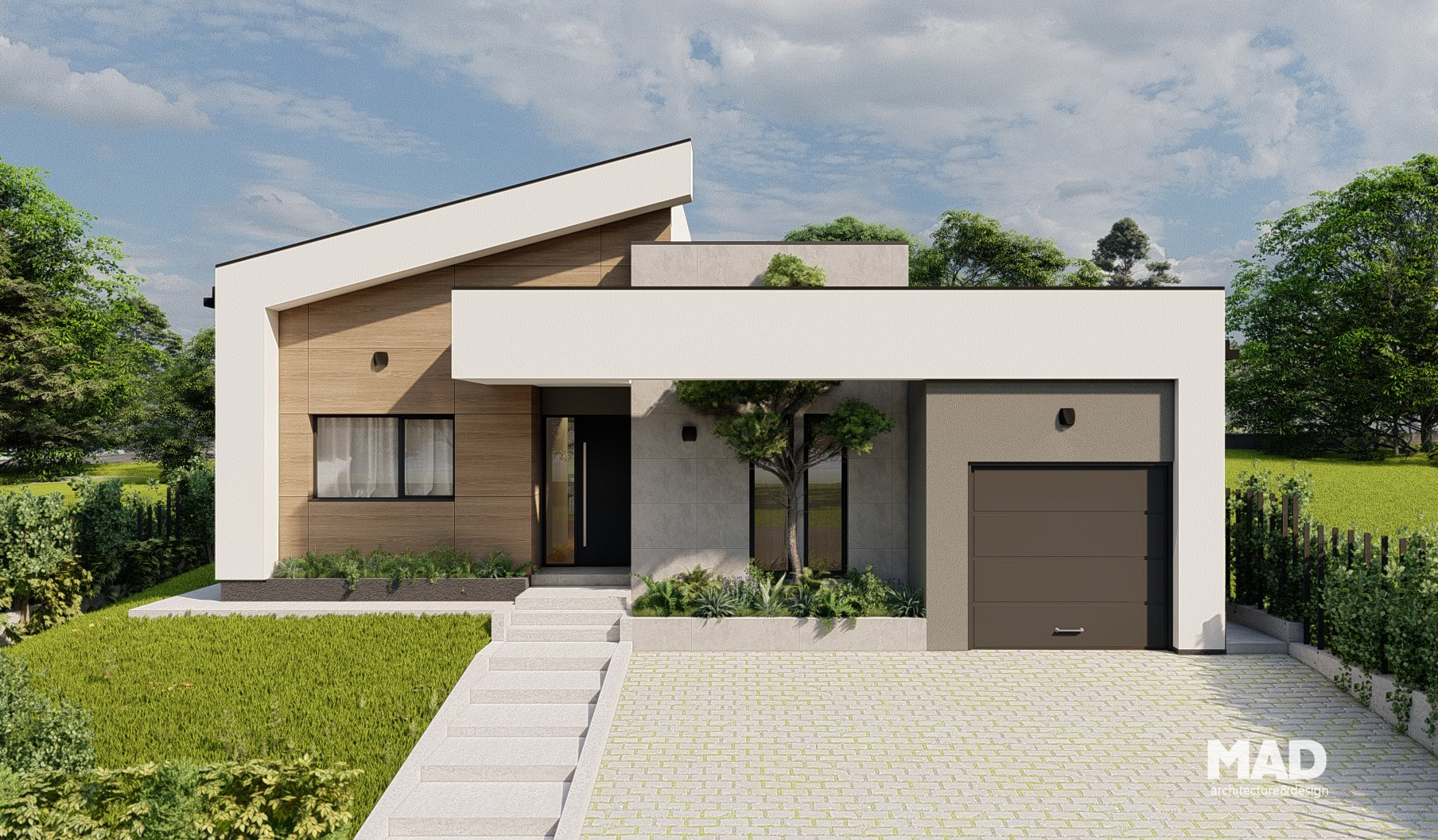 Fațadă principală a unei case parter moderne proiectate de MAD architecture&design, cu acoperiș tip șarpantă asimetrică, finisaje din lemn natural, tencuială albă și accente gri; design contemporan premium, Cluj-Napoca – Zalău.