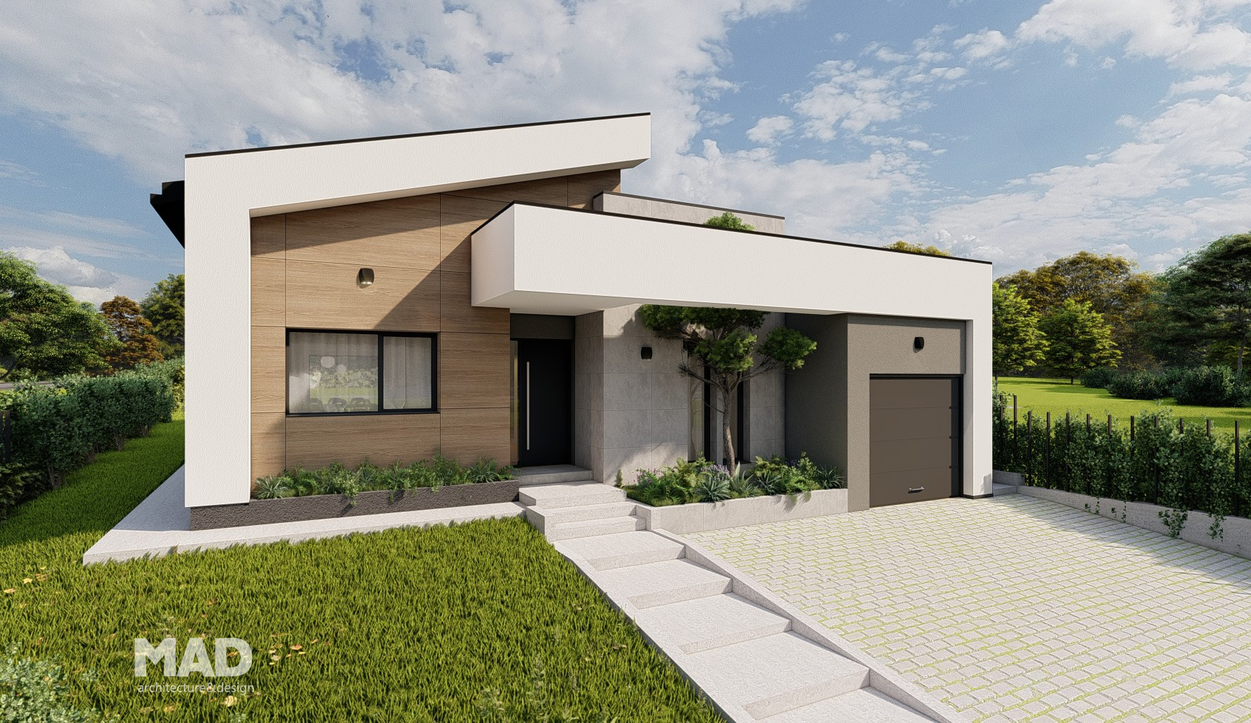 Perspectivă laterală asupra unei case parter moderne, proiect MAD architecture&design, cu fațadă din lemn, beton aparent și tencuială albă, acoperiș șarpantă modernă și garaj integrat; locuință premium cu design minimalist.
