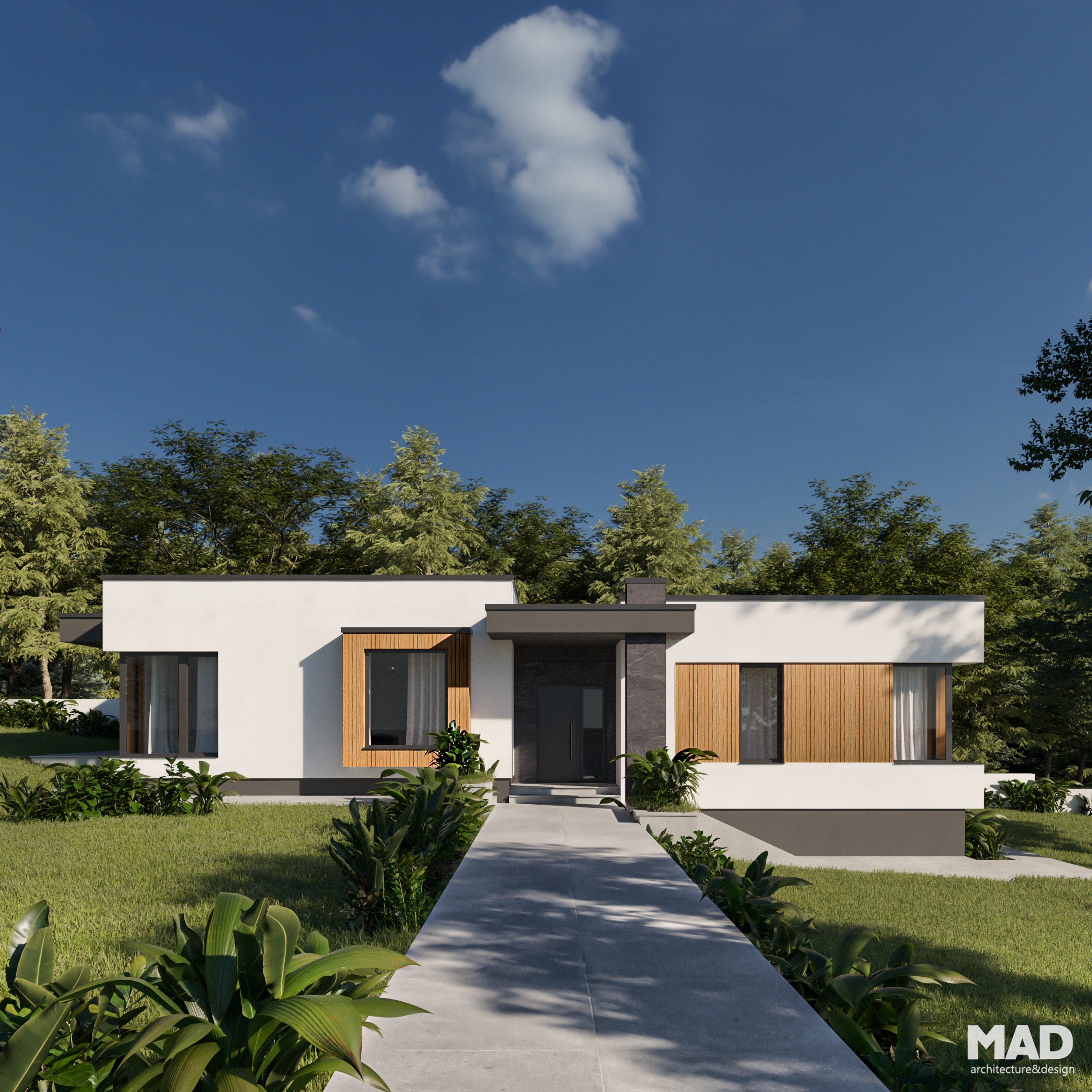 Fațadă principală Casa F – locuință parter modernă cu acoperiș terasă, placaj de lemn vertical și tencuială albă, proiect premium realizat de MAD architecture&design.