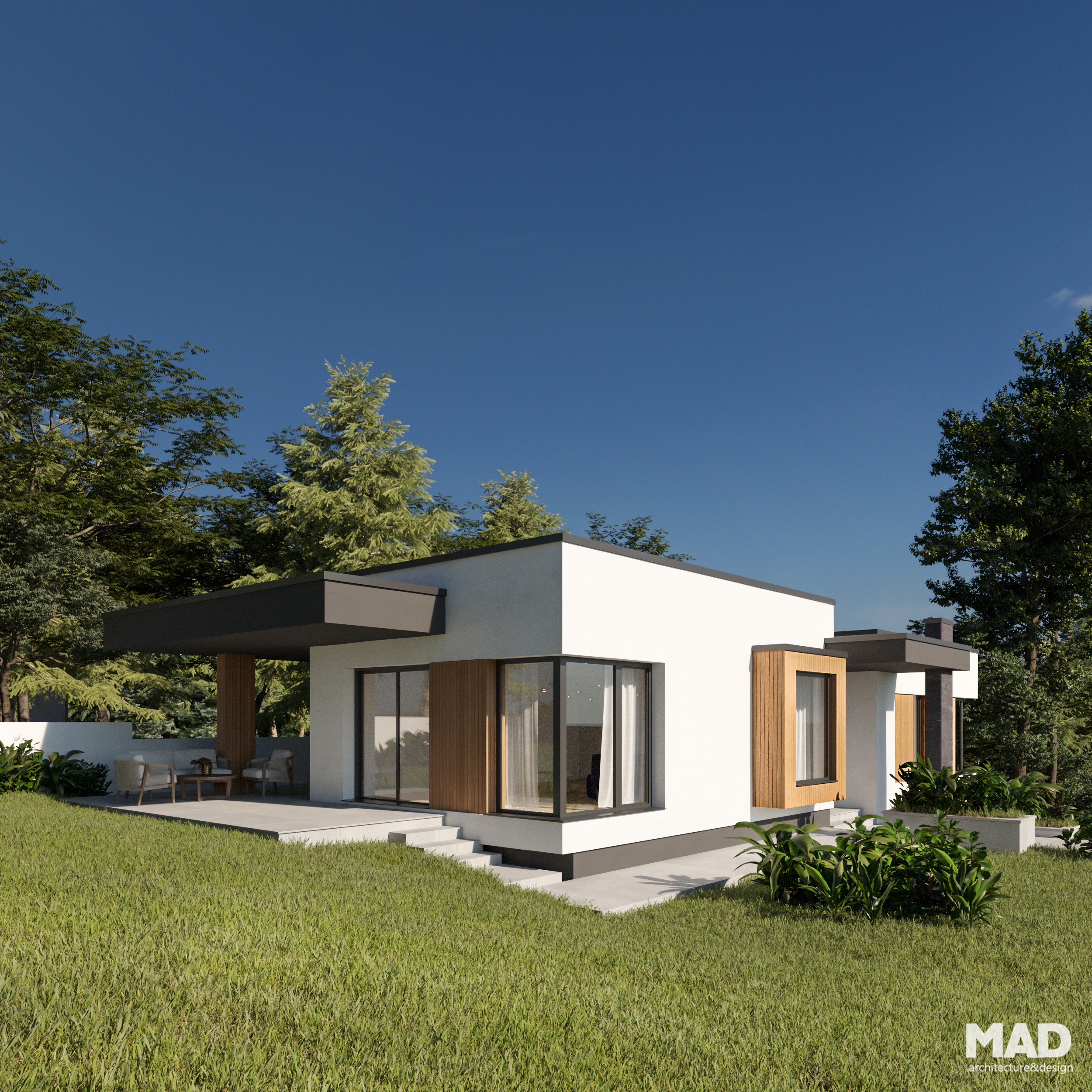 Vedere din grădină Casa F – arhitectură modernă cu volum minimalist, acoperiș terasă și finisaje din lemn natural și tencuială albă, semnată MAD architecture&design.