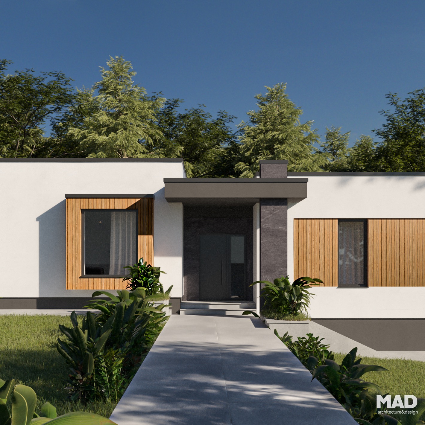 Intrare Casa F – locuință parter contemporană, finisaje premium cu piatră antracit și panouri din lemn, proiect MAD architecture&design.
