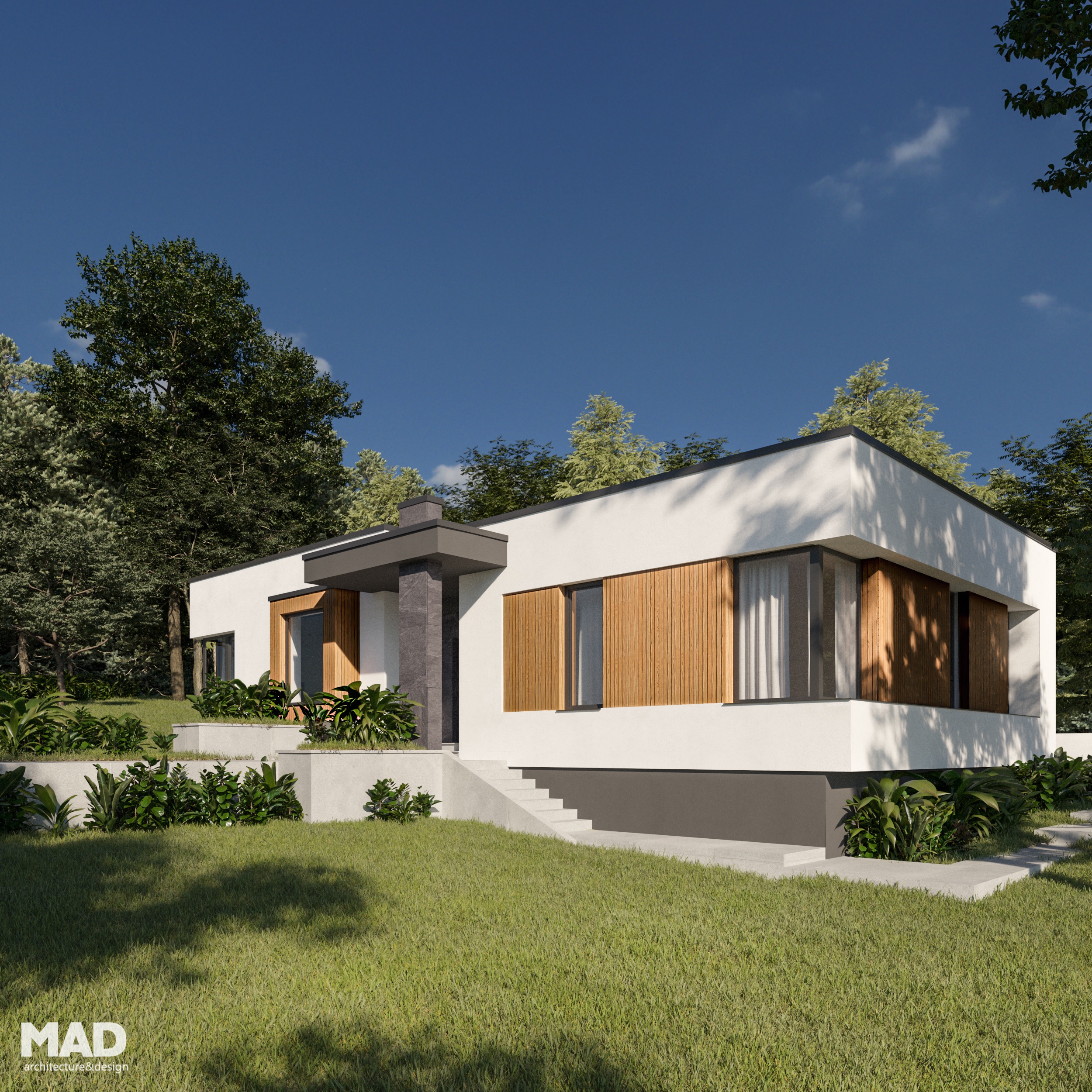 Perspectivă laterală Casa F – casă parter modernă cu bovindou, placaj de lemn și acoperiș terasă, design realizat de MAD architecture&design.