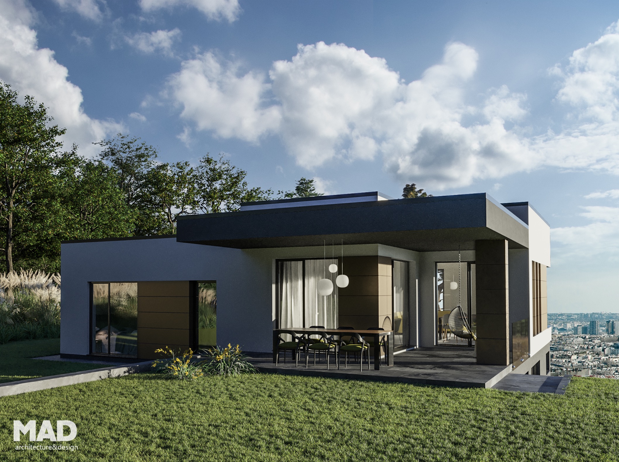 Fațada posterioară a Casei L, casă modernă demisol + parter realizată de MAD architecture&design, cu terasă acoperită, geamuri mari și finisaje din HPL și tencuială albă.