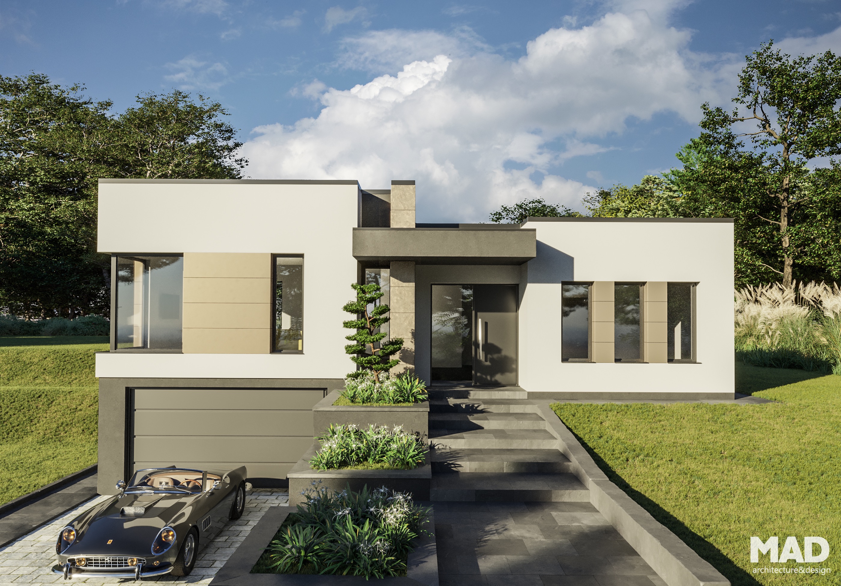 Fațada principală a Casei L, locuință modernă cu demisol și parter proiectată de MAD architecture&design, cu finisaje din placaj HPL, tencuială decorativă albă și beton aparent.