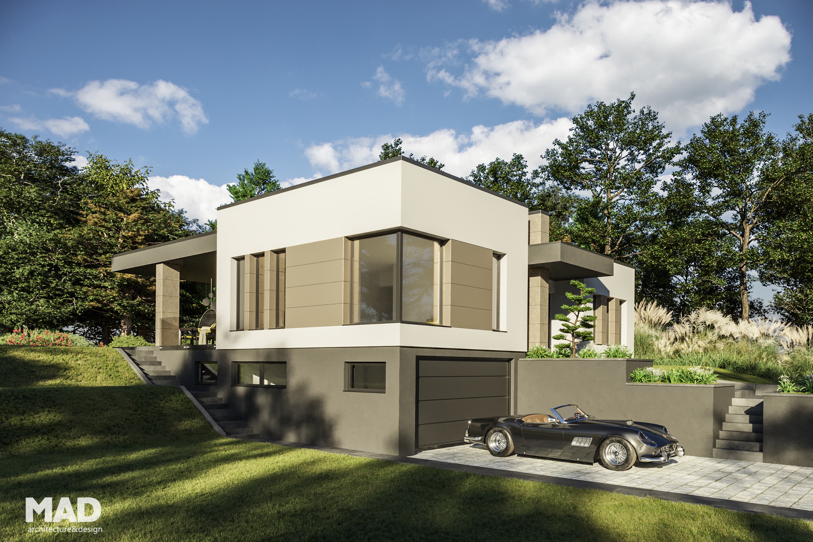 Perspectivă laterală a Casei L, proiect arhitectural contemporan MAD architecture&design, cu regim de înălțime demisol și parter, finisaje premium HPL și beton aparent.