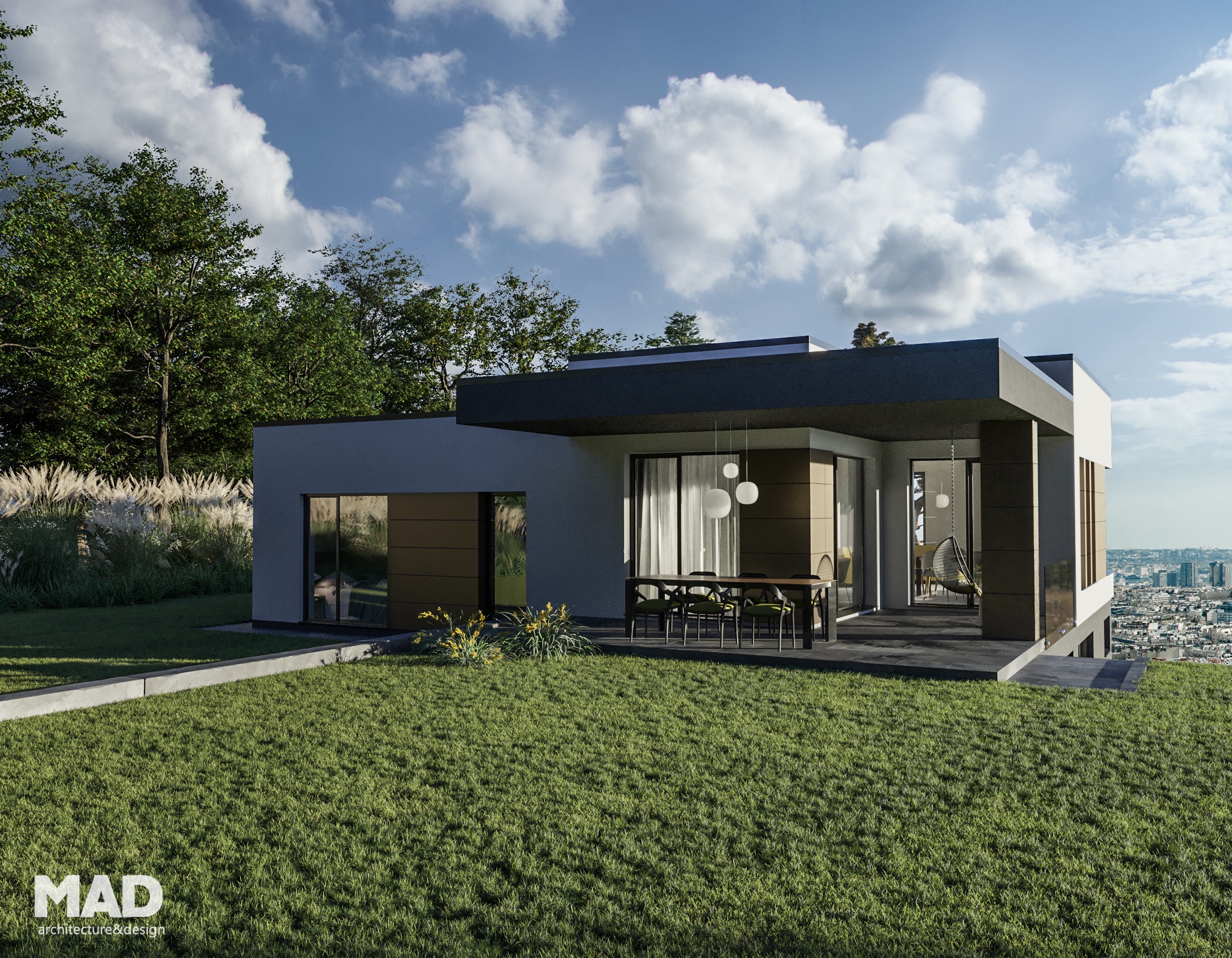 Vedere panoramică din grădină a Casei L, locuință modernă semnată MAD architecture&design, cu acoperiș terasă, fațadă din HPL și tencuială albă, amplasată pe un teren cu panoramă asupra Zalăului.