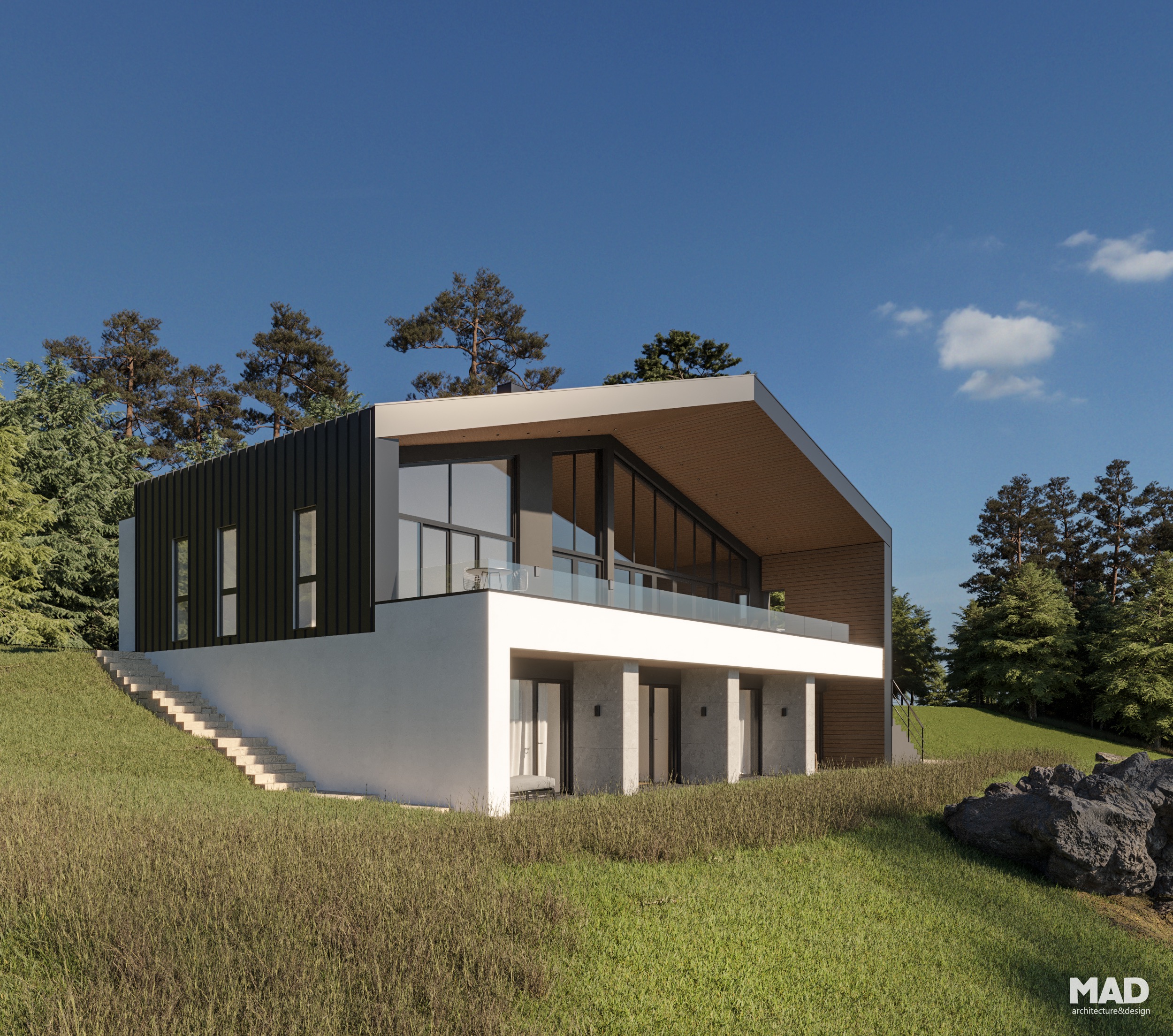 Perspectivă din grădină asupra unei case moderne de vacanță cu regim demisol + parter, realizată de MAD architecture&design, cu fațadă din lemn și sticlă.