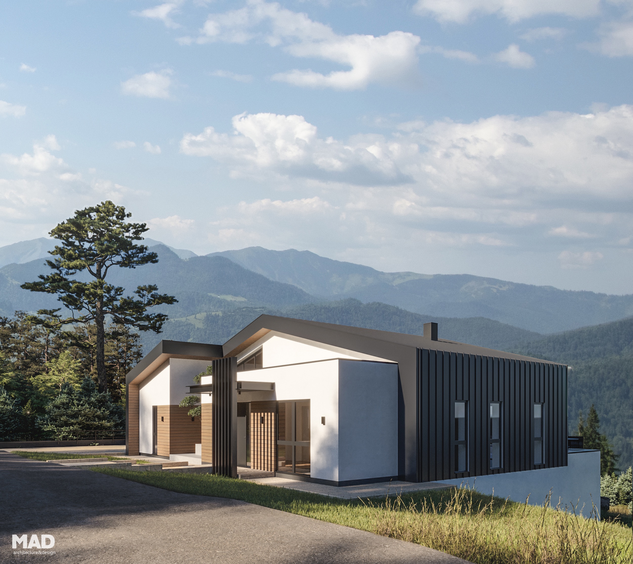 Vedere laterală a unei case moderne de vacanță la munte, proiect MAD architecture&design, cu finisaje din tencuială albă, lemn natural și acoperiș din tablă fălțuită.
