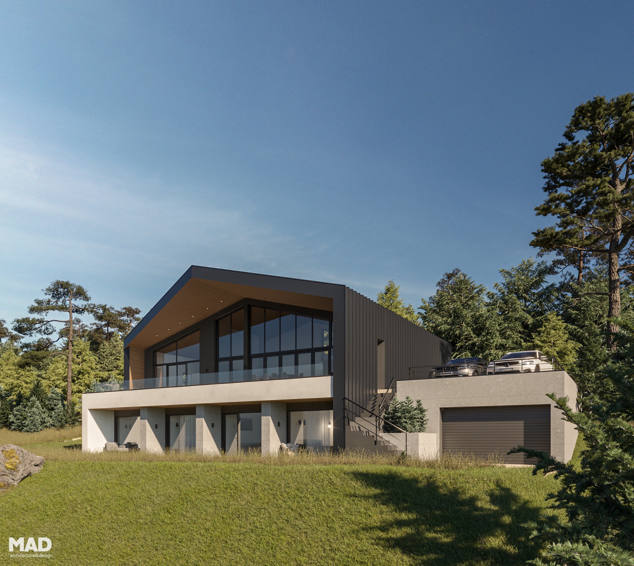 Vedere din spate a unei case moderne de vacanță cu demisol și parter, proiectată de MAD architecture&design, cu terasă panoramică și fațadă ventilată din lemn și sticlă.