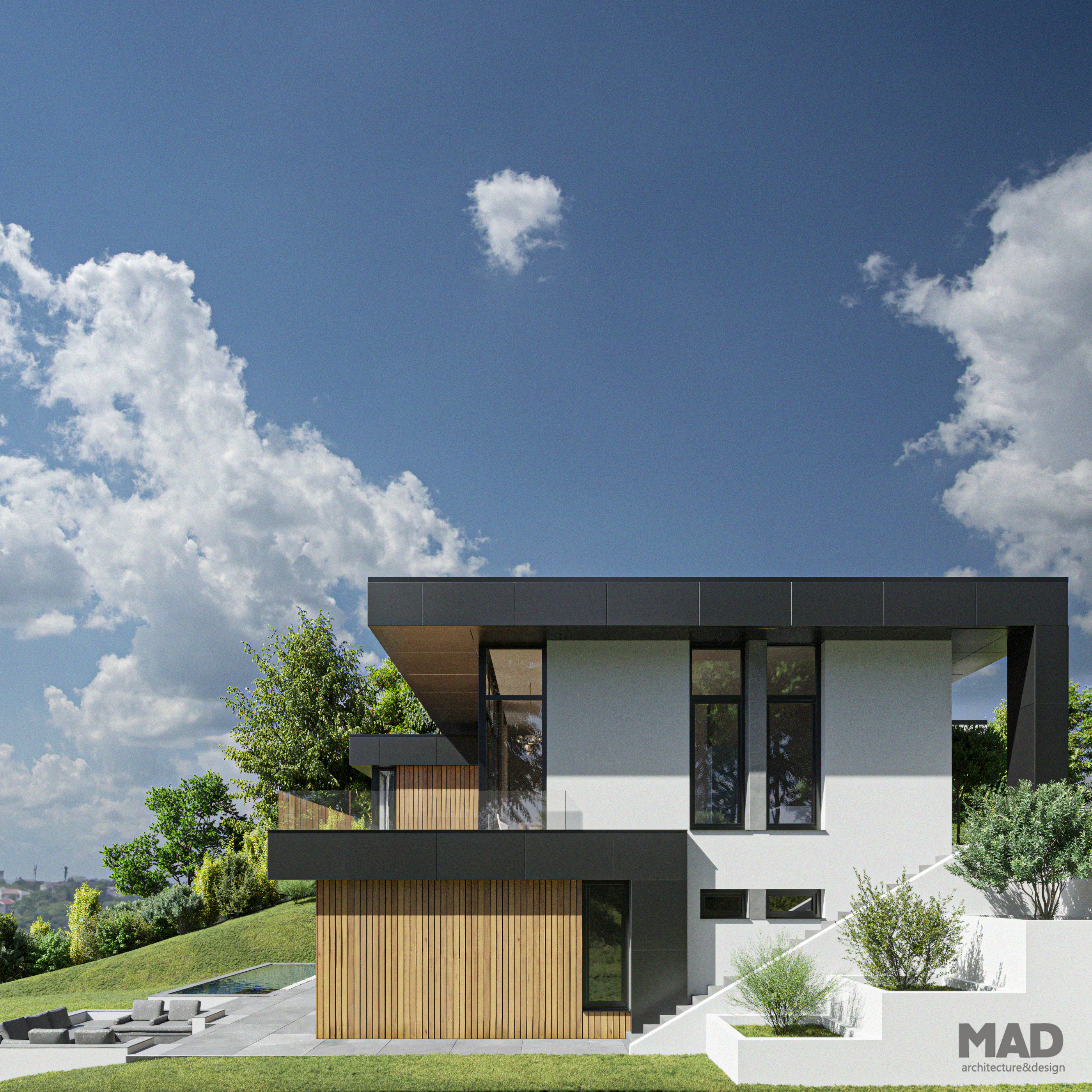 Casă modernă cu demisol și parter, realizată de MAD architecture&design, cu fațadă din lemn natural, bond antracit și tencuială decorativă albă, acoperiș tip terasă.
