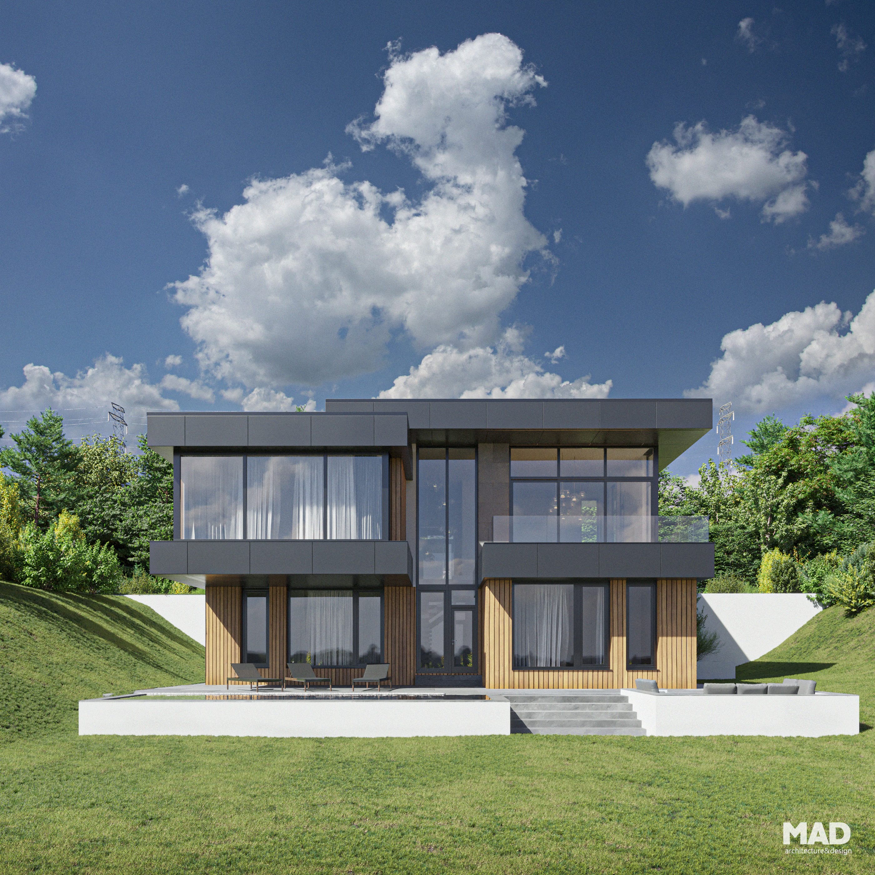 Locuință modernă MAD architecture&design, stil contemporan cu demisol și parter, fațadă din lemn și bond, terasă cu piscină și vedere panoramică.