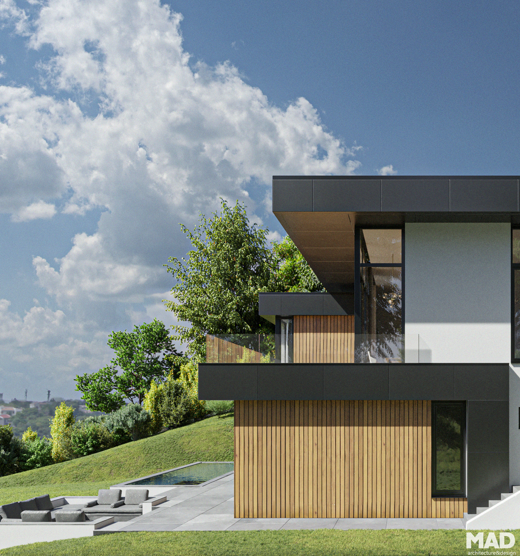 Casă modernă pe două niveluri, arhitectură MAD architecture&design, finisaje din lemn vertical, bond gri închis și tencuială albă, acoperiș terasă.