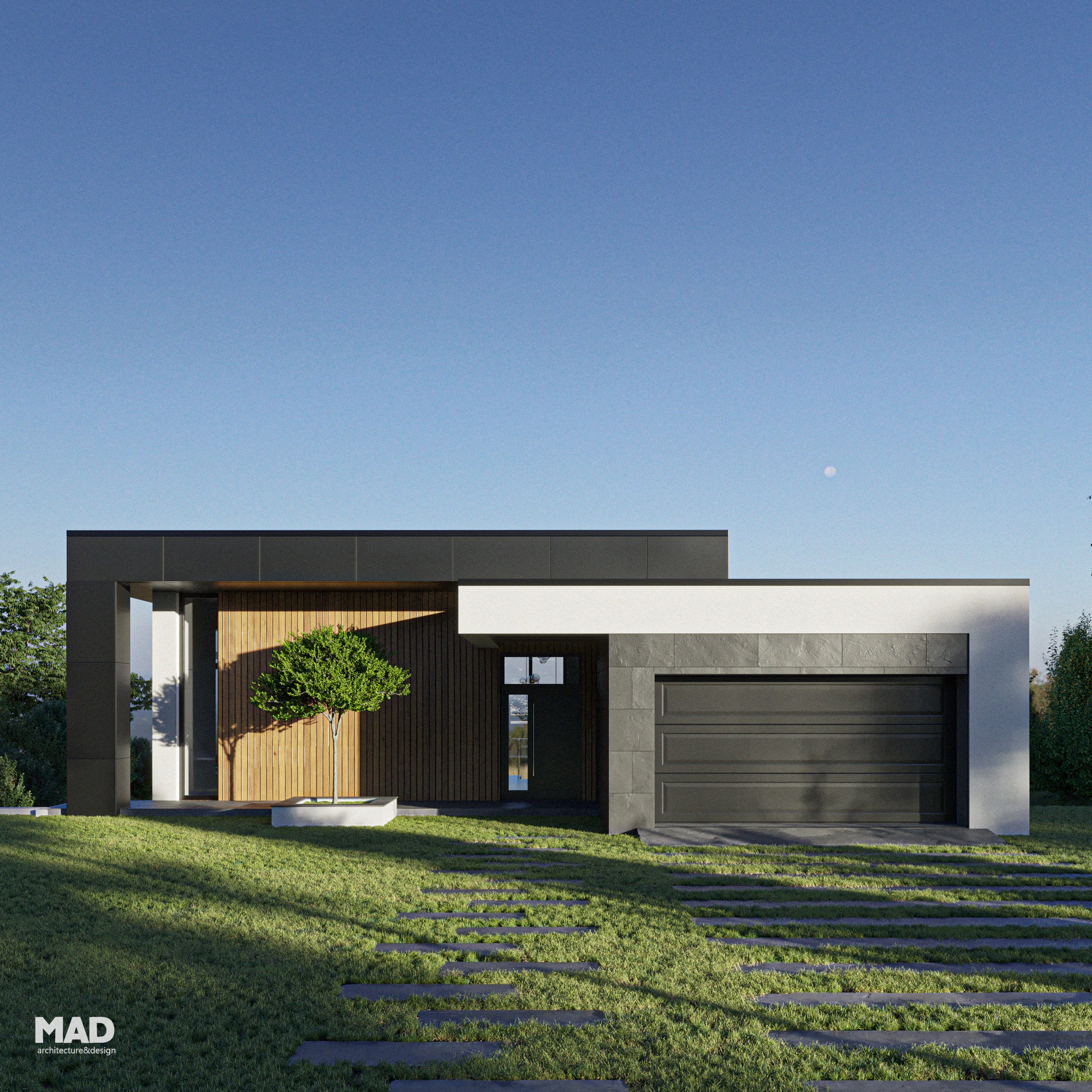 Fațadă principală casă modernă MAD architecture&design, demisol și parter, integrare copac în jardinieră, materiale: lemn, bond, tencuială decorativă.