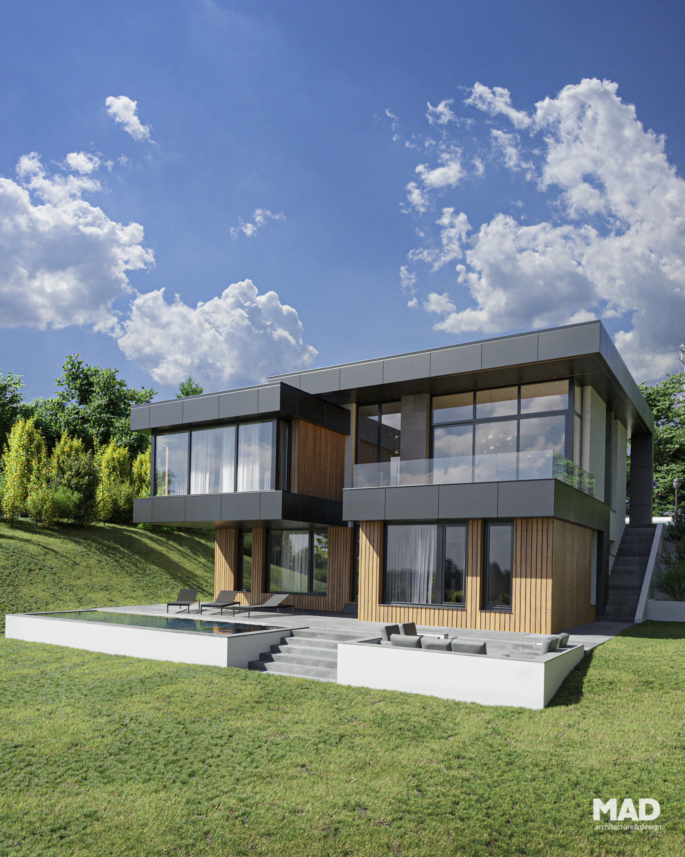 Casă modernă cu piscină și fire pit, proiect MAD architecture&design, fațadă cu placaje din lemn și bond, acoperiș terasă, vedere panoramică Zalău.