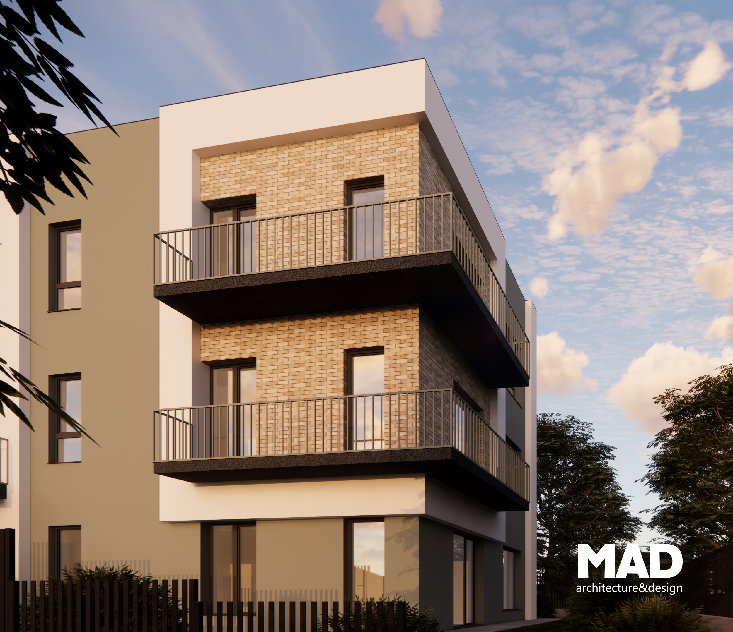 Fațadă principală a unei locuințe colective moderne, proiect MAD architecture&design, detaliu cu placaj de cărămidă bej și balcoane metalice ample.