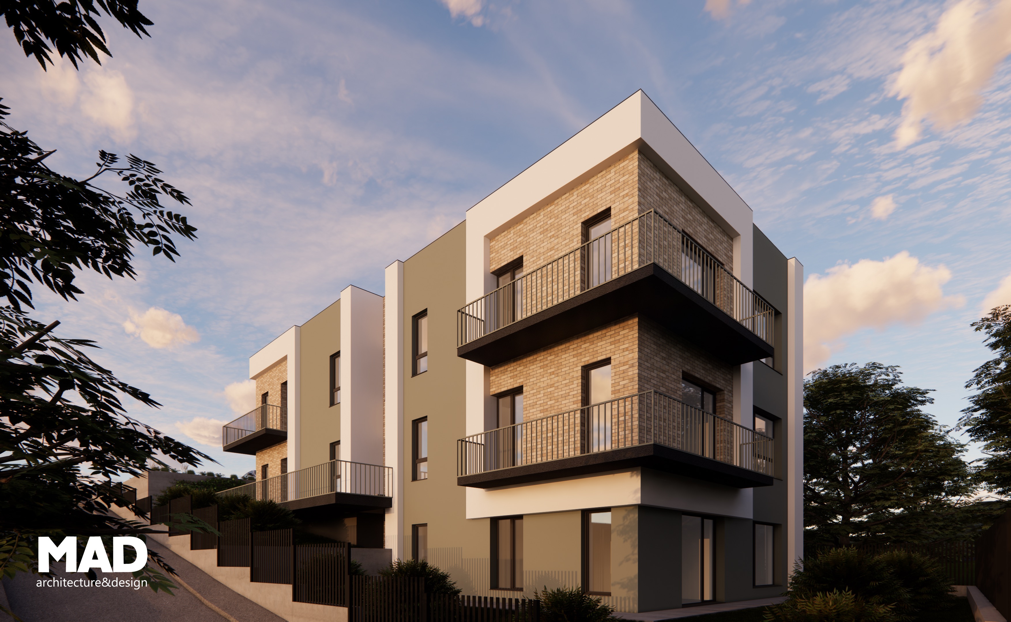 Locuință colectivă modernă cu demisol, parter și două etaje, realizată de MAD architecture&design, fațadă cu cărămidă bej și tencuială gri-oliv, acoperiș tip terasă.