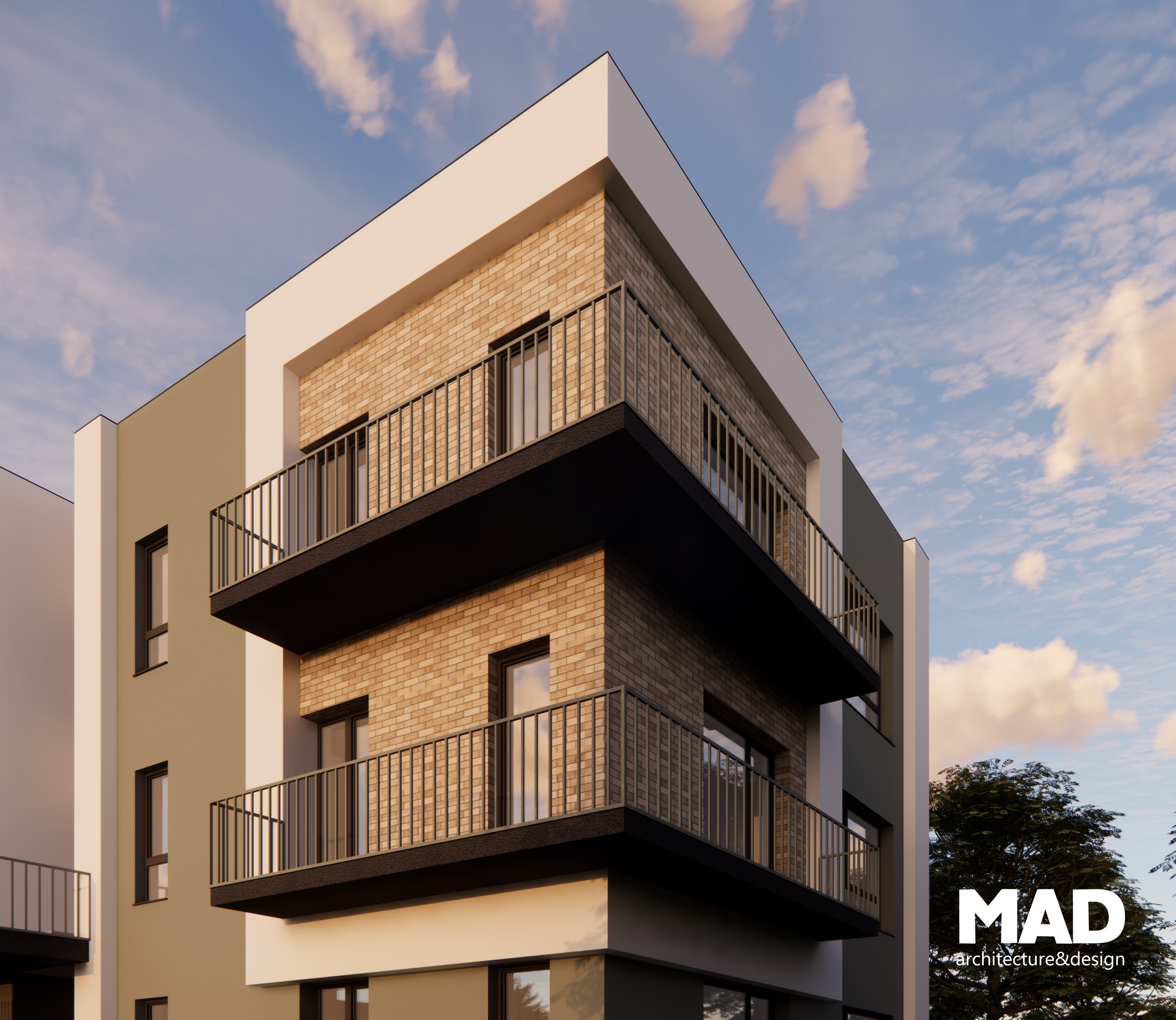Detaliu volumetric al unei clădiri moderne cu 6 apartamente, realizată de MAD architecture&design, finisaje din cărămidă bej și tencuială albă, acoperiș terasă.
