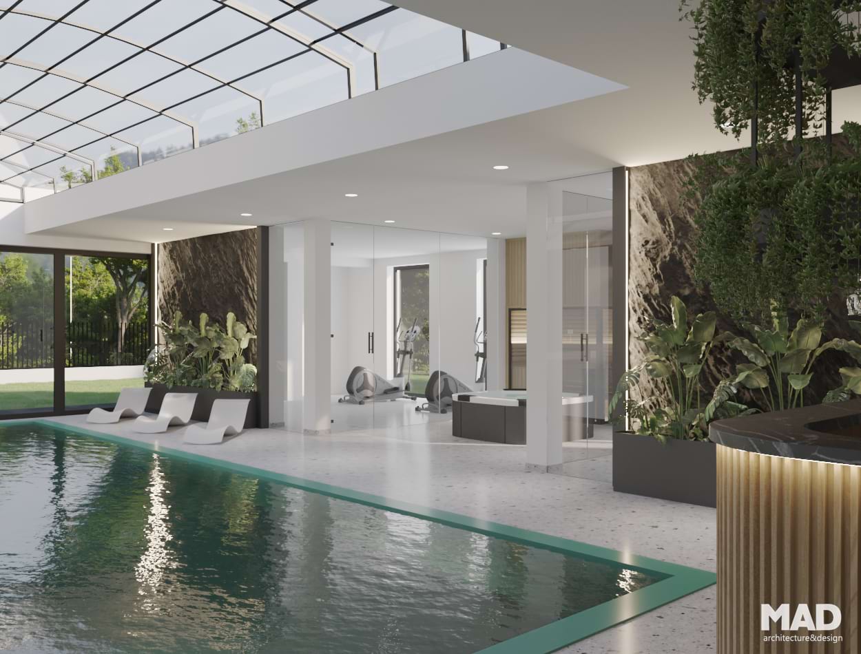 Zona de relaxare cu șezlonguri moderne și perete placat cu piatră, piscină acoperită modernă semnată MAD architecture&design.