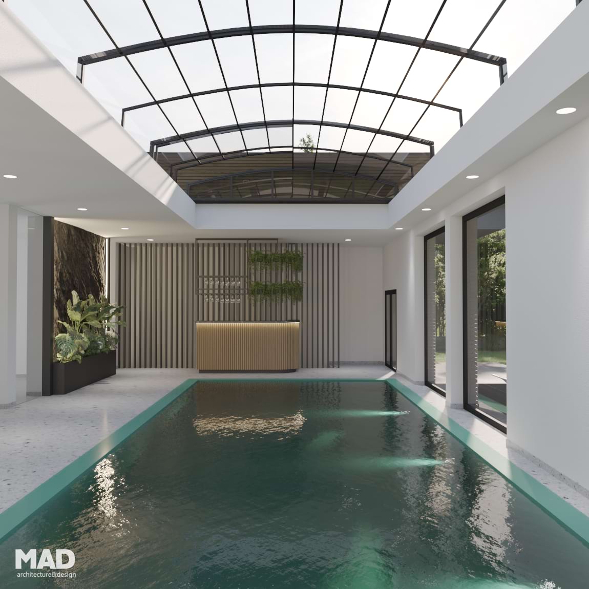 Spațiu wellness contemporan cu piscină, finisaje premium și pereți placați cu piatră naturală, proiect MAD architecture&design.
