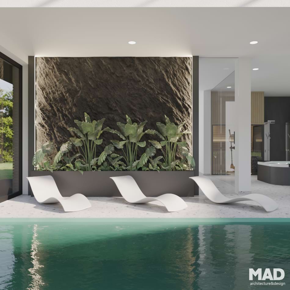 Vedere interioară piscină acoperită cu acoperiș retractabil, fațadă vitrată și placaj lemn, arhitectură modernă MAD architecture&design.