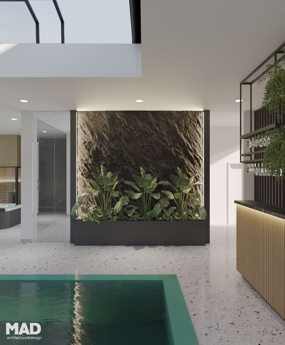 Detaliu interior piscină acoperită, jardiniere cu vegetație tropicală și finisaje moderne, arhitectură MAD architecture&design.