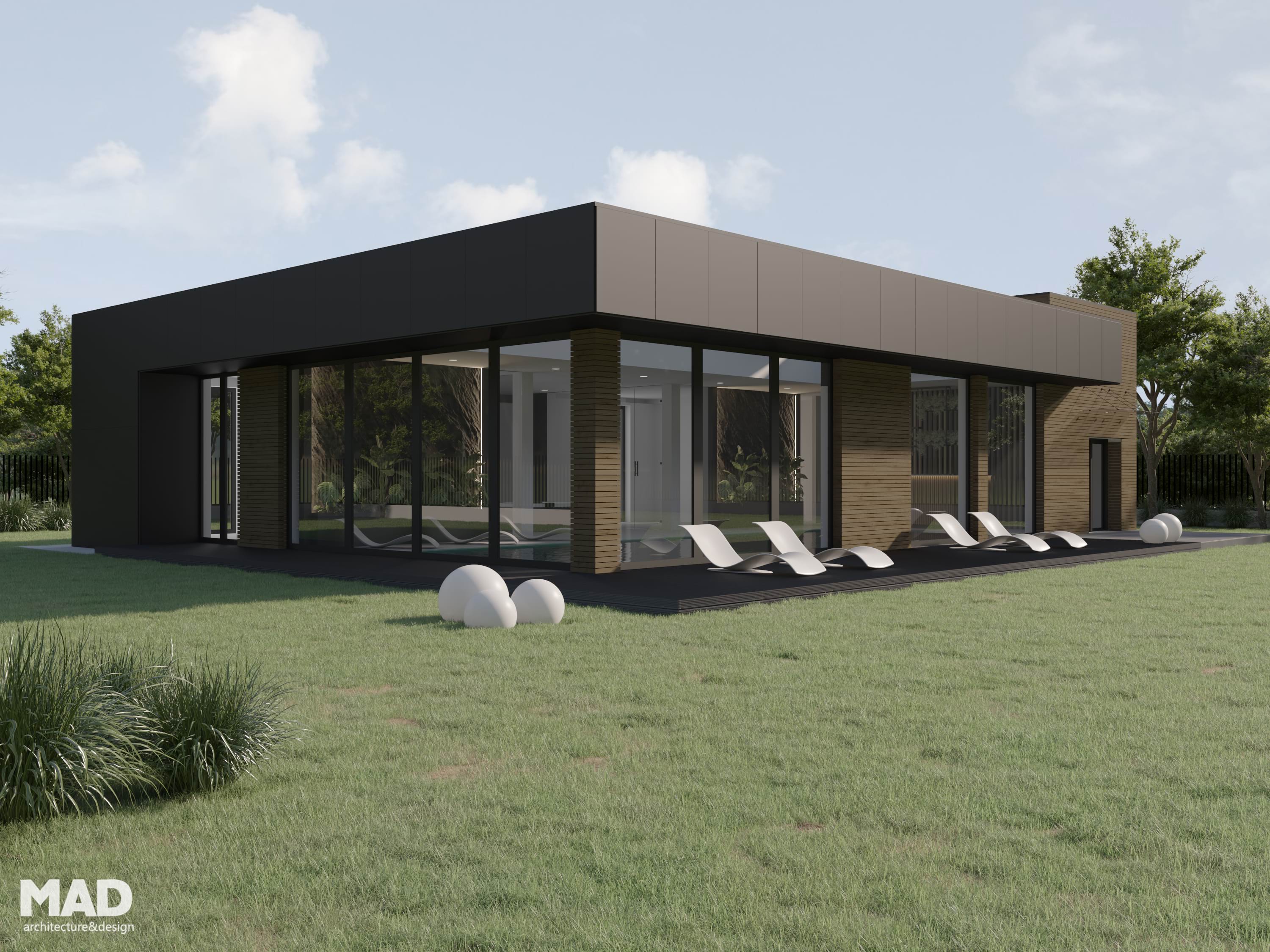 Fațadă modernă piscină acoperită, panouri de bond negru și lemn natural, proiect premium MAD architecture&design.