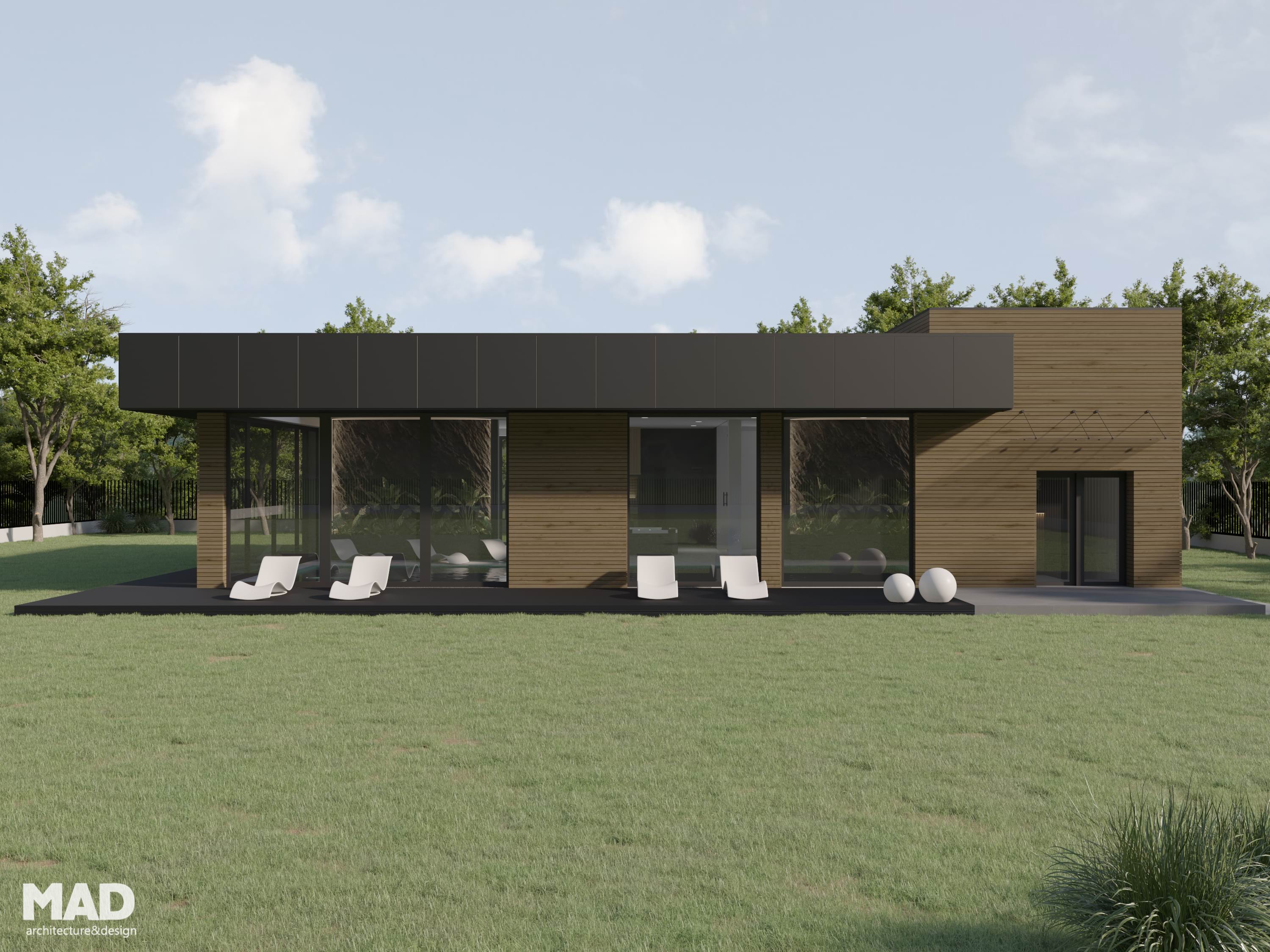 Vedere exterioară contemporană piscină Wellness & Spa cu acoperiș retractabil și placaj de lemn, semnat MAD architecture&design.