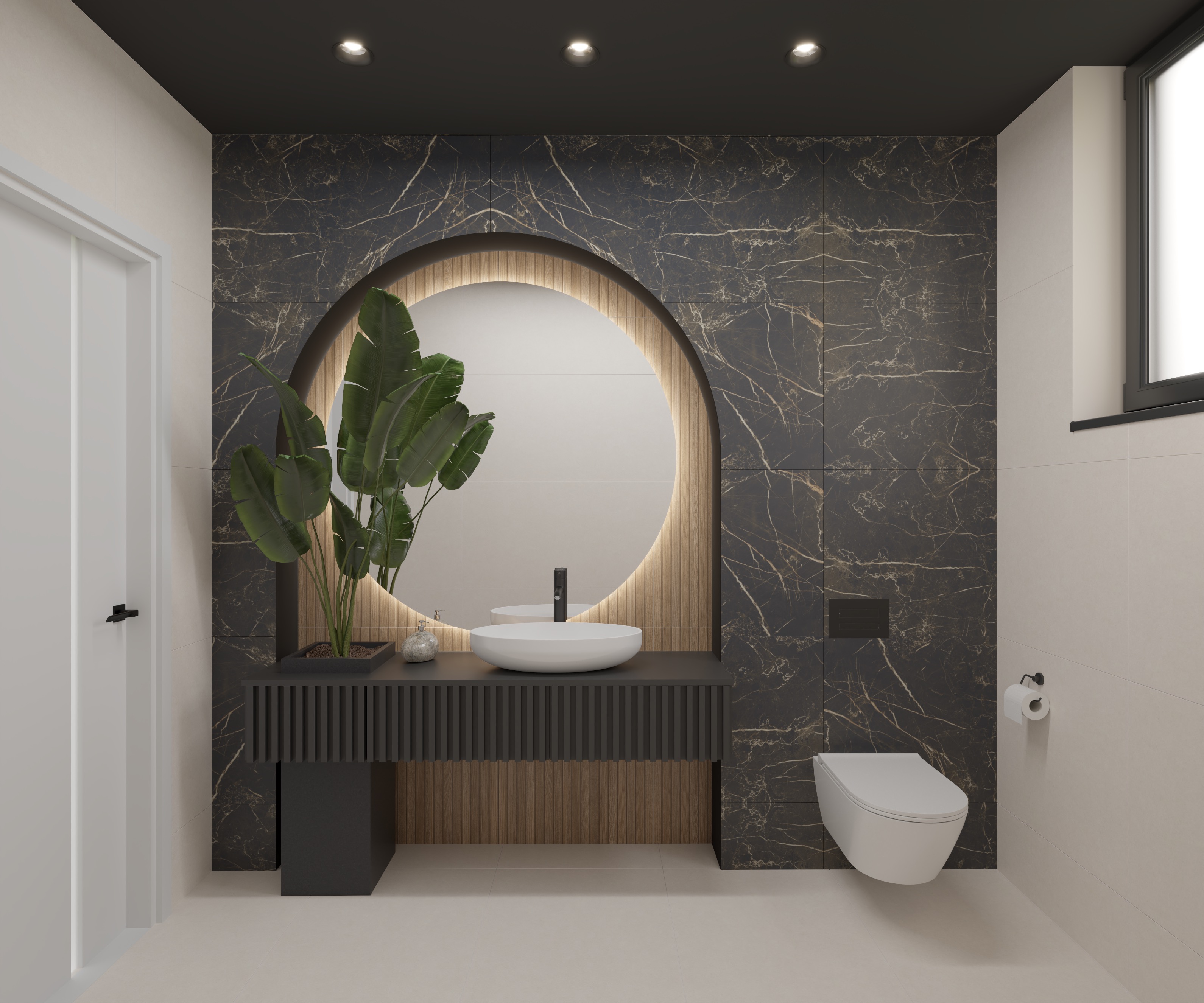 Design interior baie pentru bărbați în stil modern-minimalist, cu finisaje din gresie tip marmură neagră cu accente alb-auriu, oglinda rotunda, bolta, mobilier suspendat din MDF negru mat cu fronturi riflate, blat cu lavoar alb și plante naturale decorative. Proiect realizat de MAD architecture&design pentru West Company.
