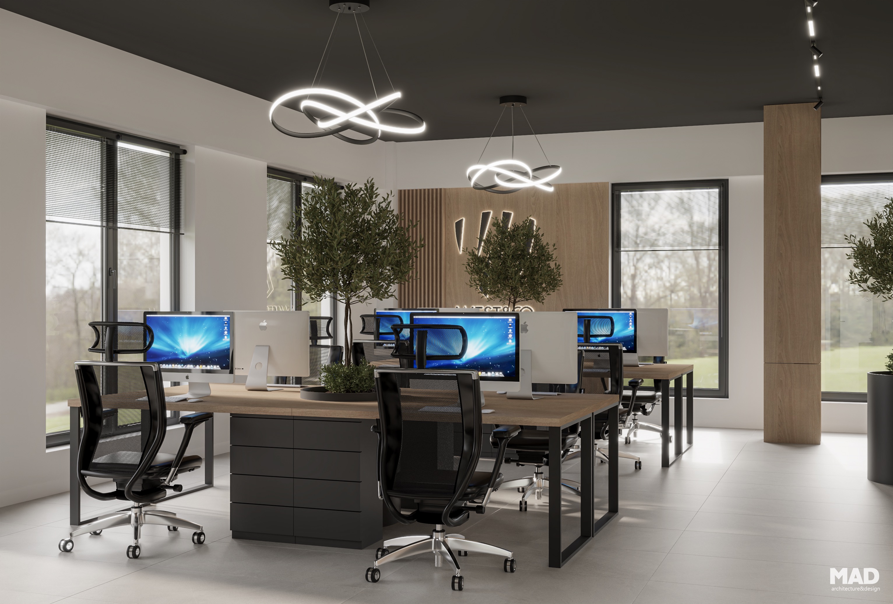 Design interior birouri în stil modern-minimalist, cu mese din lemn natural, plante integrate și finisaje neutre, realizat de MAD architecture&design pentru proiectul West Company.