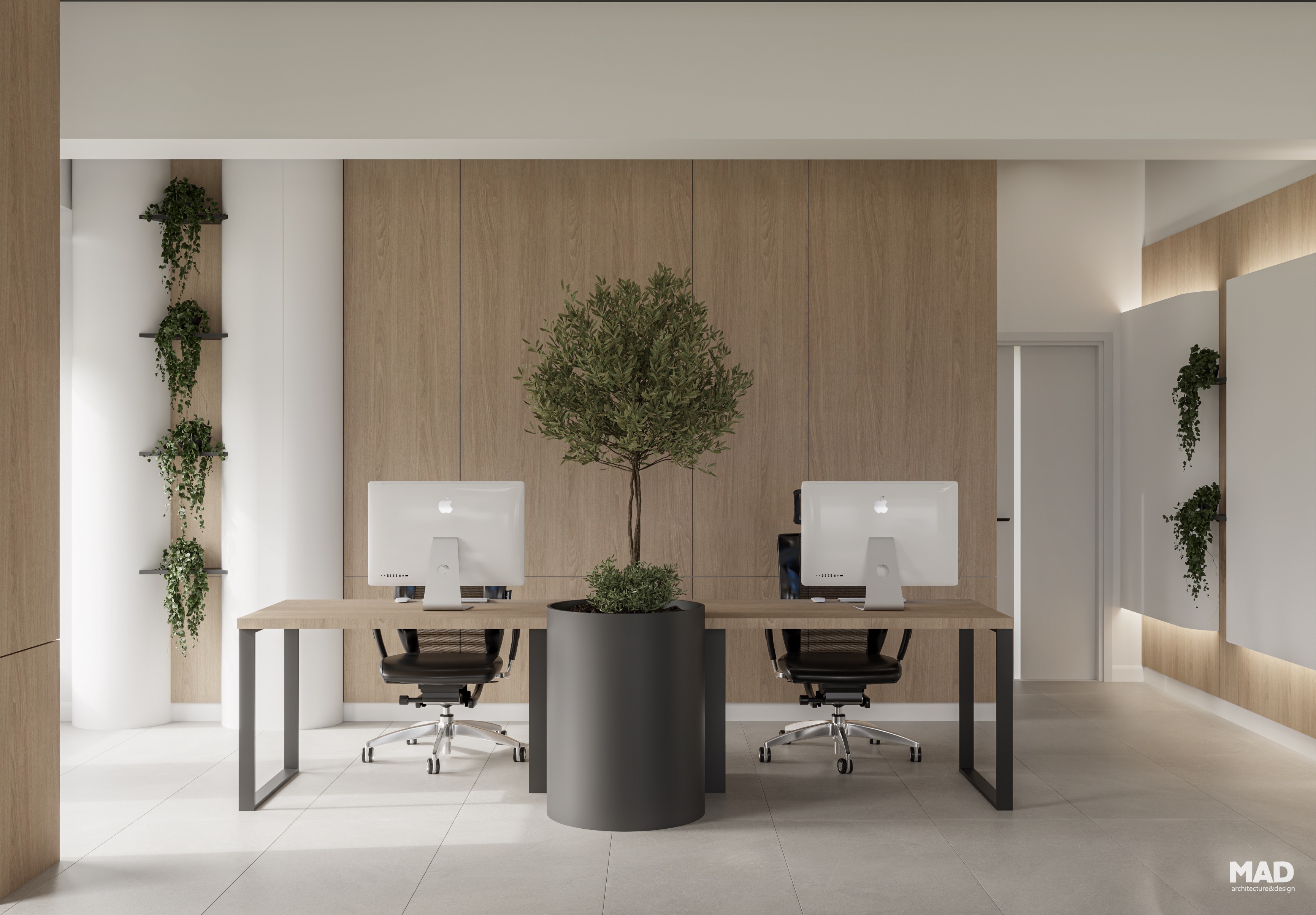 Design interior birouri în stil modern-minimalist, cu mese din lemn natural, plante integrate și finisaje neutre, realizat de MAD architecture&design pentru proiectul West Company.