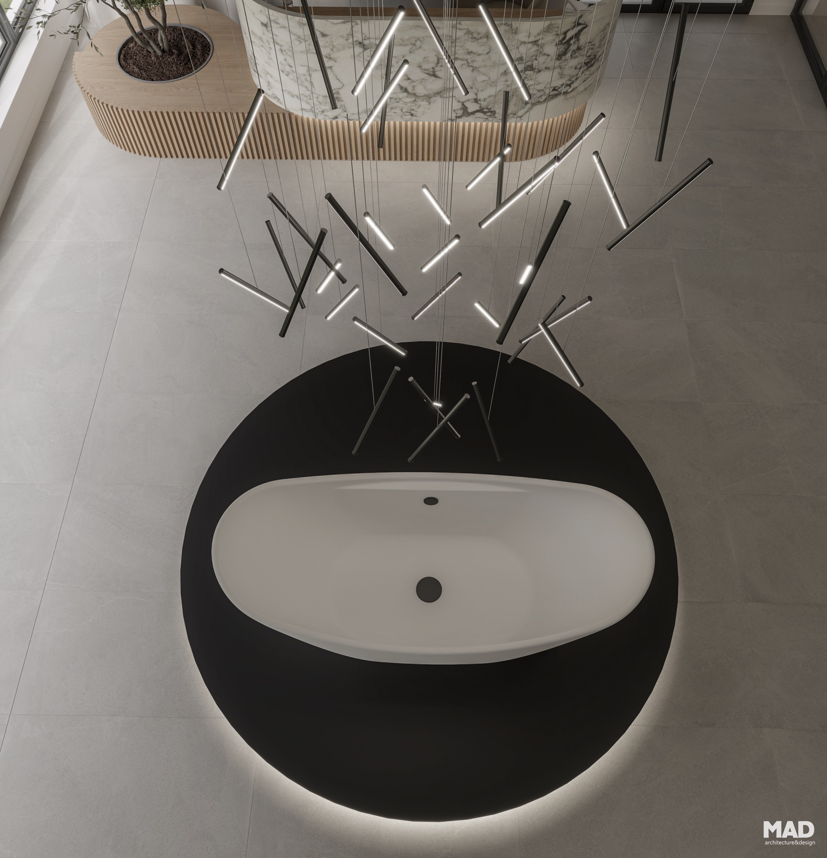 Cada expusa pe un podium și iluminat suspendat artistic, parte din amenajarea West Company semnată MAD architecture&design.