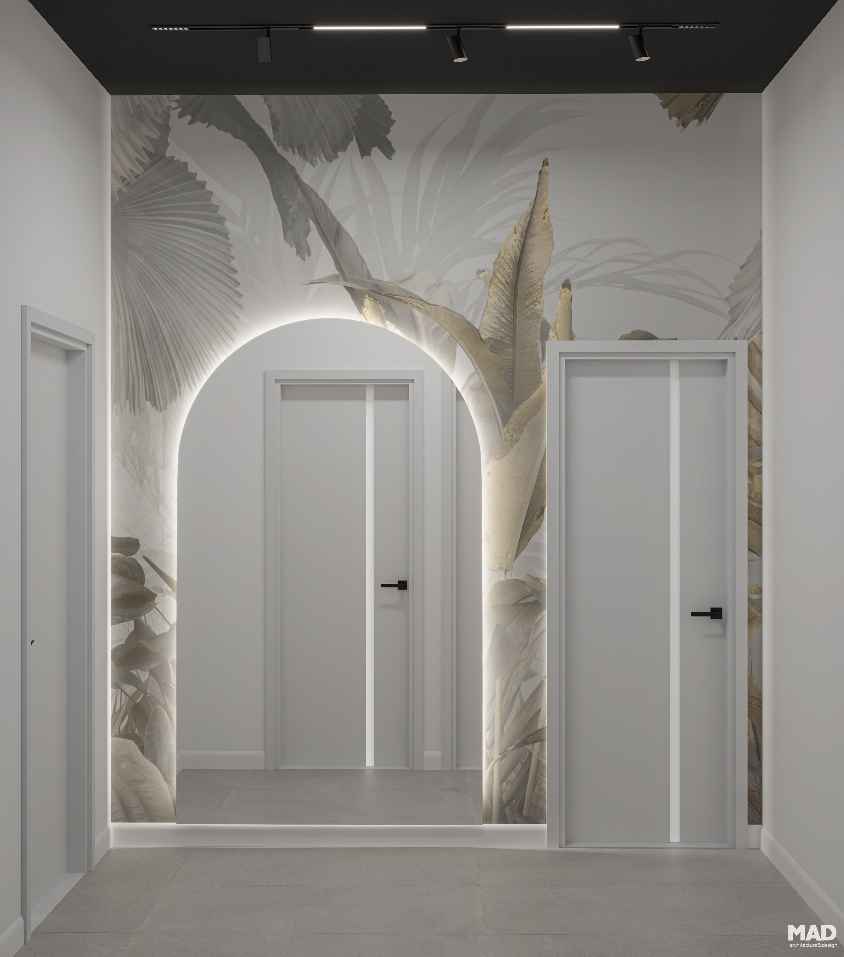 Design hol pentru acces grupuri sanitare în stil modern-minimalist, cu pereți albi, foto tapet cu model vegetal exotic și oglinda sub forma de bolta cu banda led. Proiect realizat de MAD architecture&design pentru West Company.