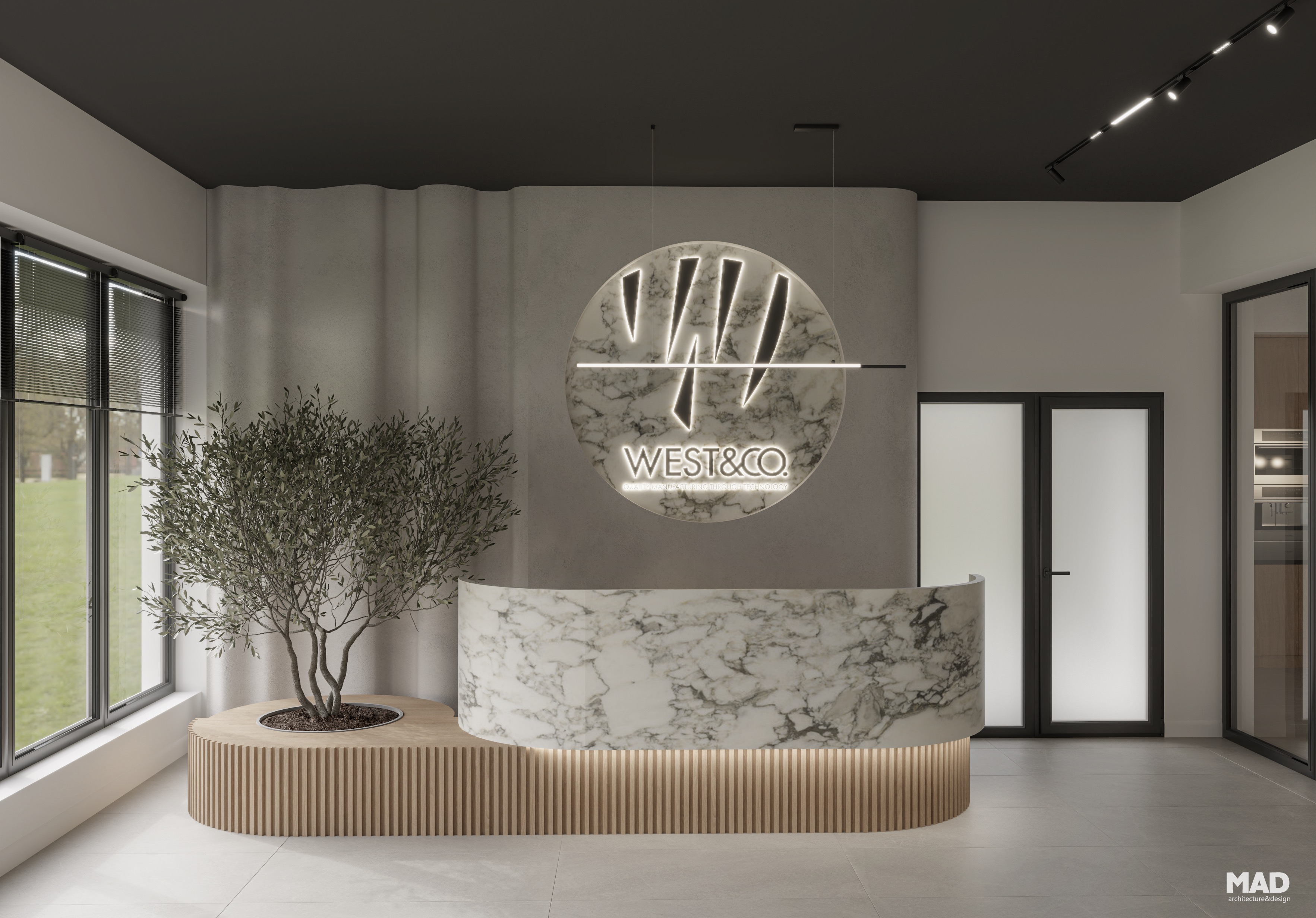 Mobilier de recepție curbat din marmură albă și lemn natural, cu detalii luminoase elegante, creat de MAD architecture&design pentru West Company.