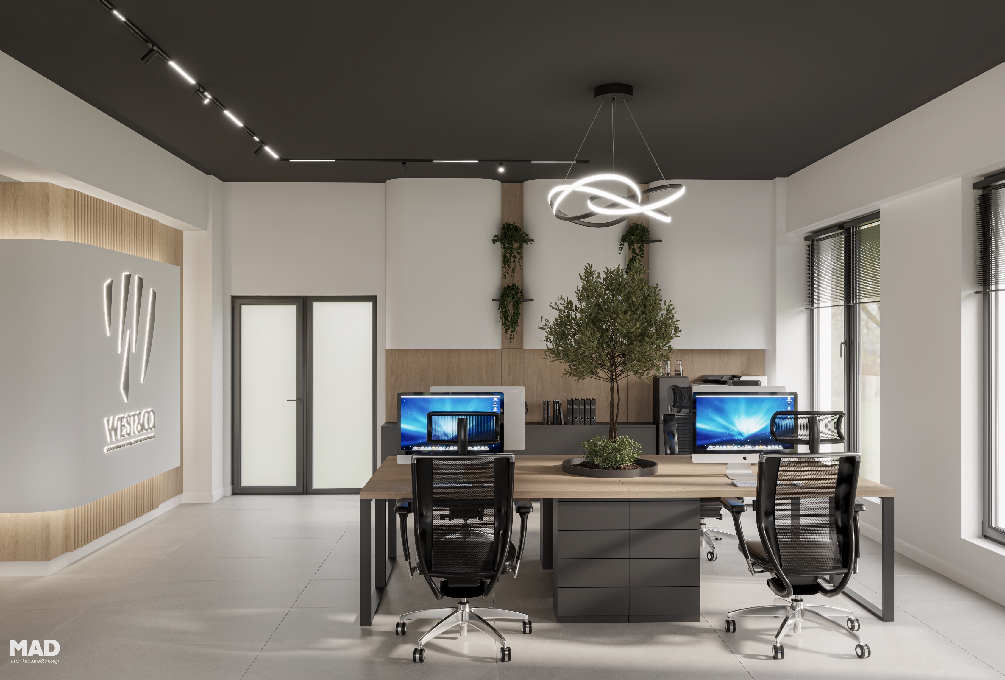 Amenajare open space office în stil contemporan, cu mobilier din lemn și metal, scaune ergonomice negre și iluminat decorativ, proiect MAD architecture&design – West Company.