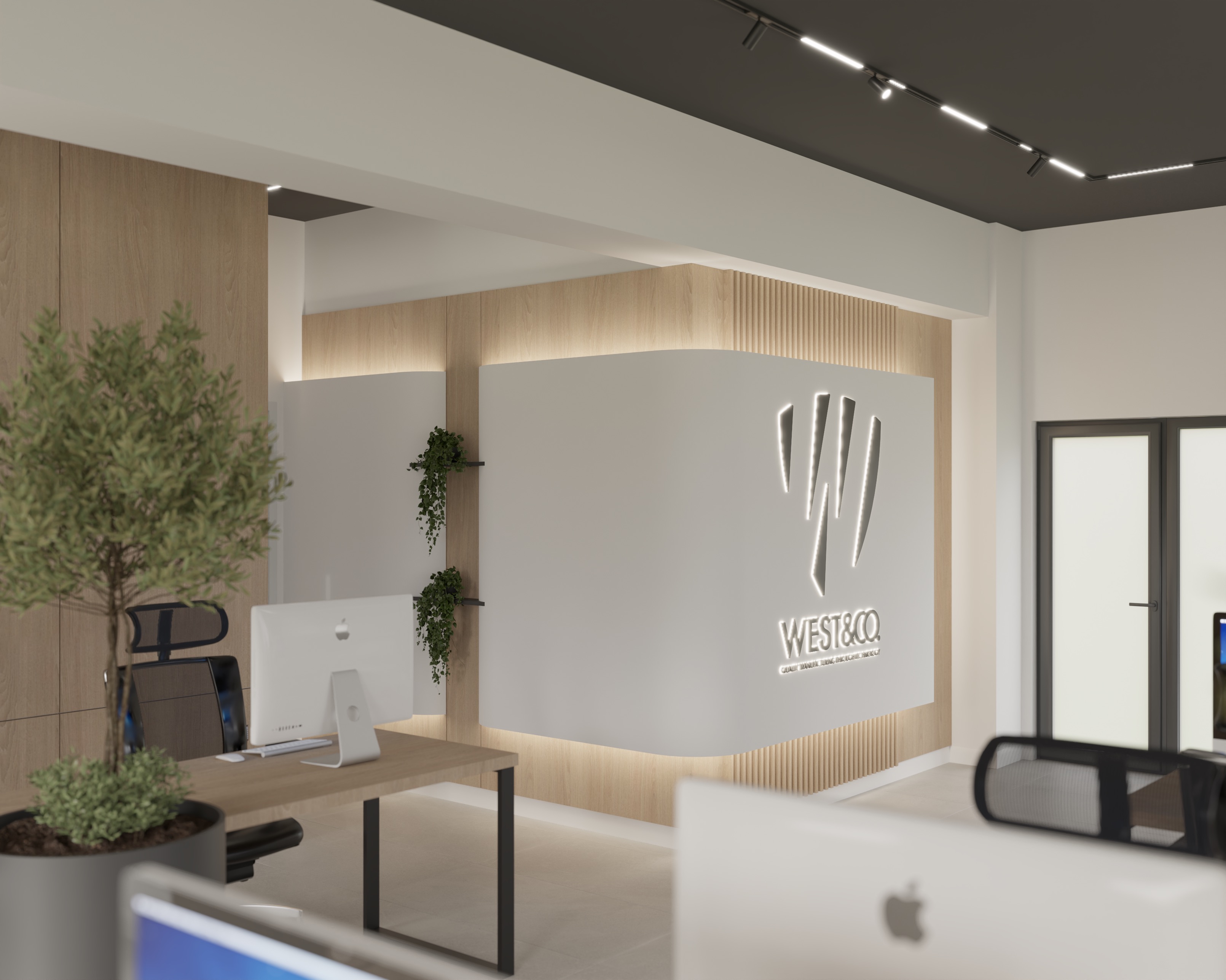 Perete de accent cu logo iluminat WEST&CO., finisaje din lemn și design curat contemporan, realizat de MAD architecture&design.