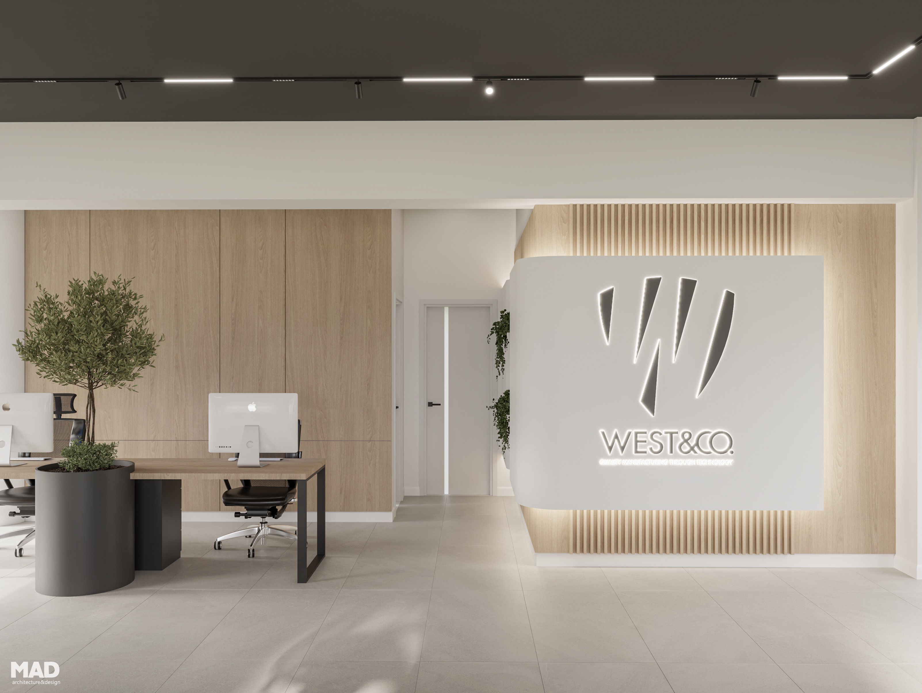 Detaliu perete de recepție West Company, cu logo luminos, panouri din lemn și plante verzi integrate, design de MAD architecture&design.