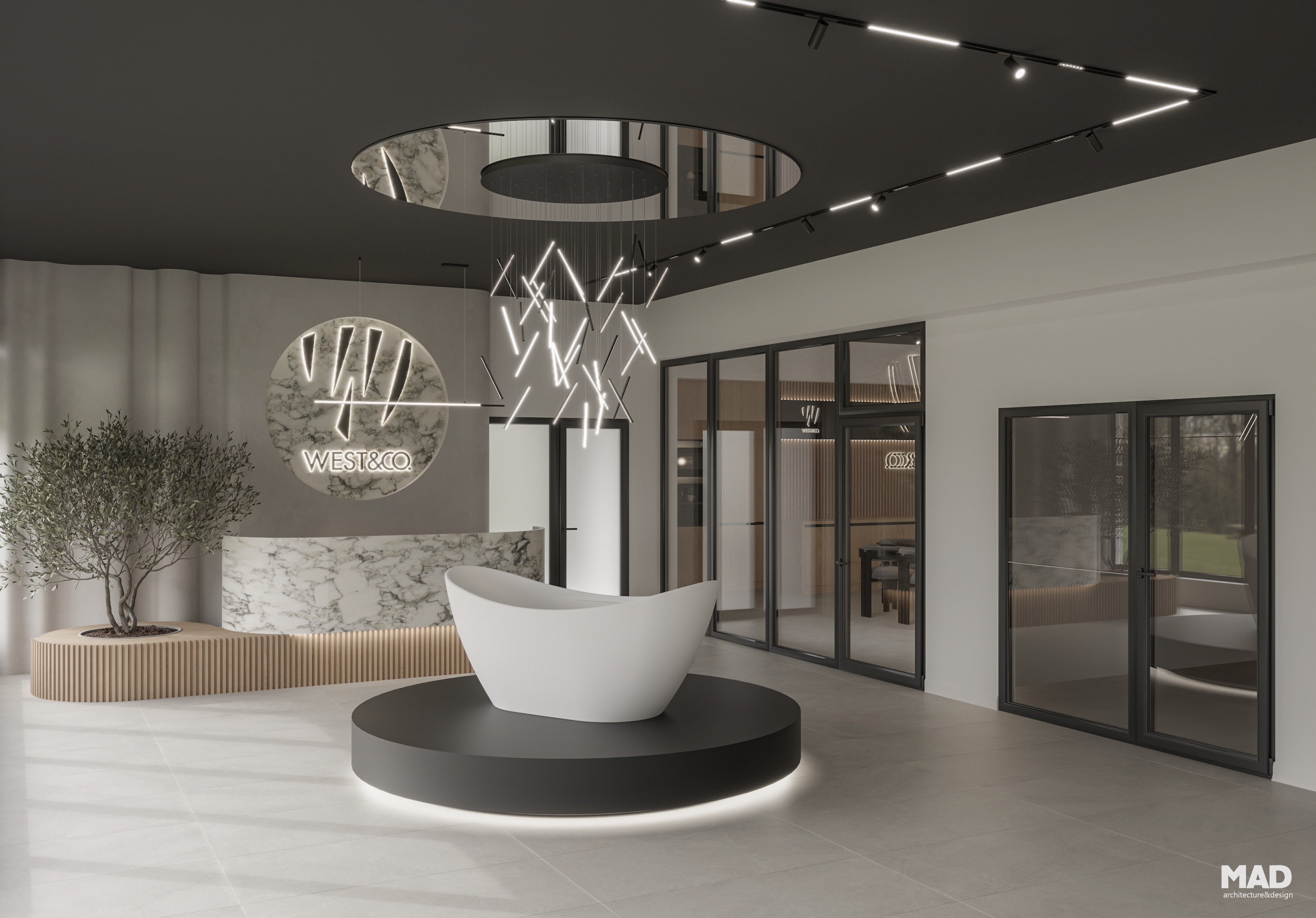 Zonă centrală de recepție cu cada albă expusa pe podium cu led, cu candelabru deasupra și iluminat arhitectural, în stil modern-minimalist, design MAD architecture&design – West Company