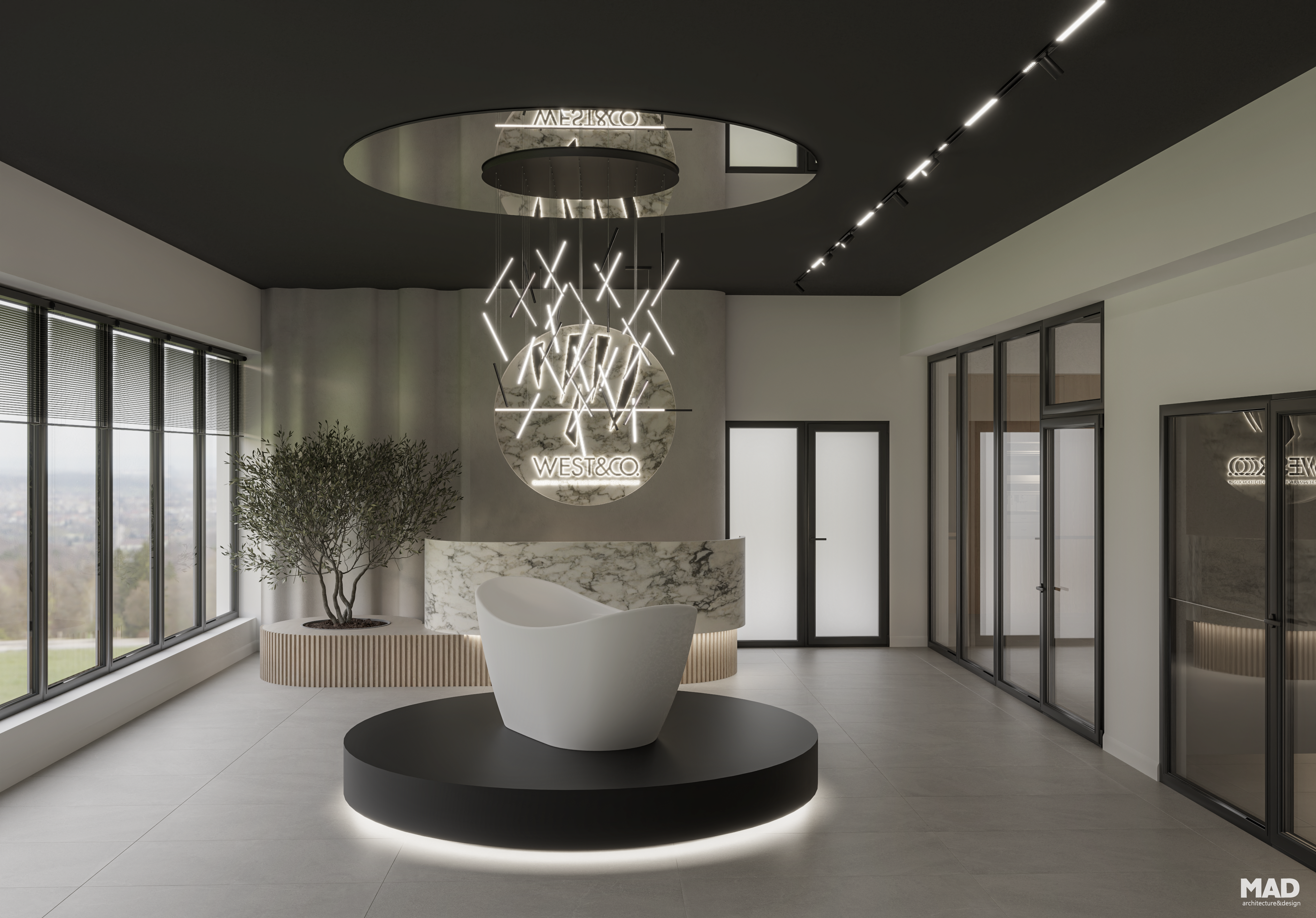 Zonă centrală de recepție cu cada albă expusa pe podium cu led, cu candelabru deasupra și iluminat arhitectural, în stil modern-minimalist, design MAD architecture&design – West Company
