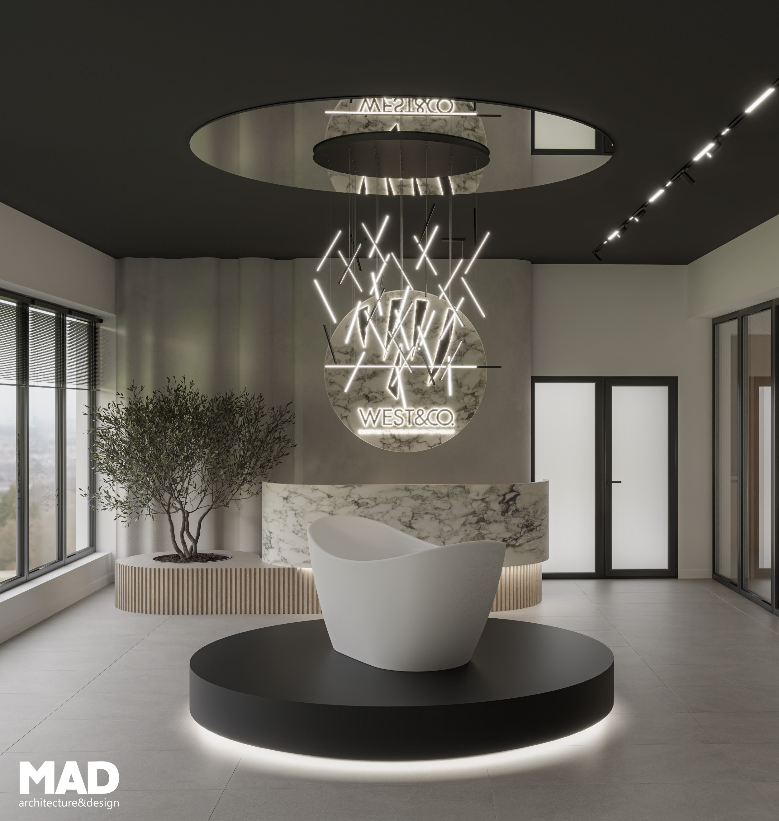 Zonă centrală de recepție cu cada albă expusa pe podium cu led, cu candelabru deasupra și iluminat arhitectural, în stil modern-minimalist, design MAD architecture&design – West Company