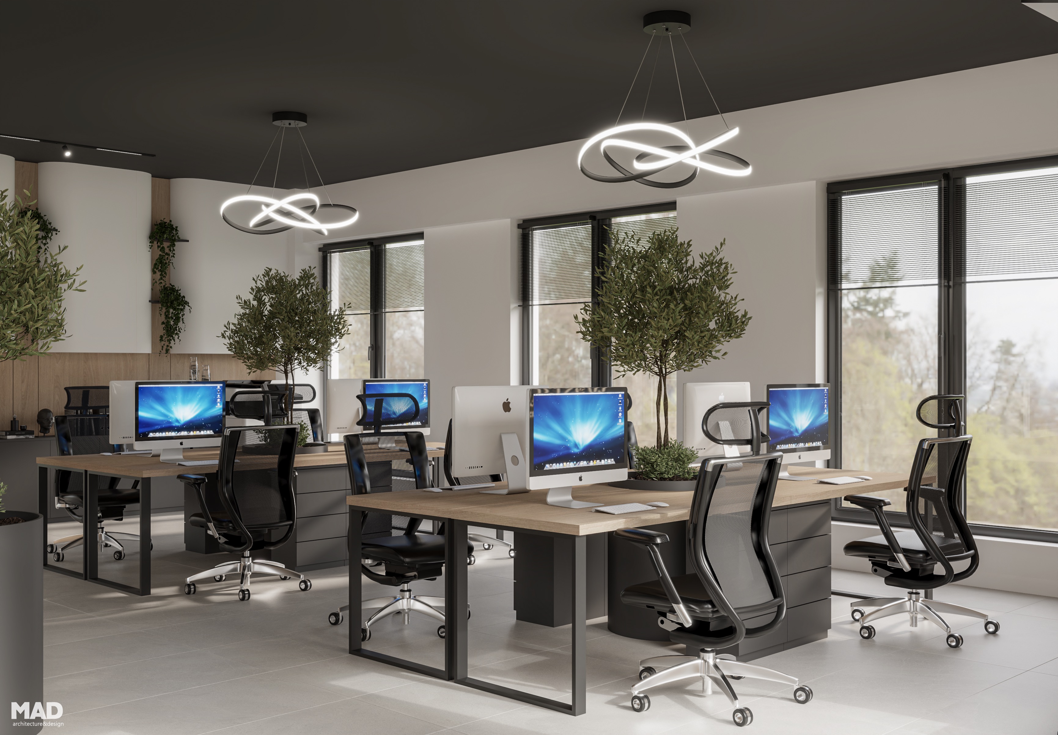 Spațiu de lucru colaborativ modern, cu accente naturale și iluminat suspendat, design realizat de MAD architecture&design pentru birourile West Company.