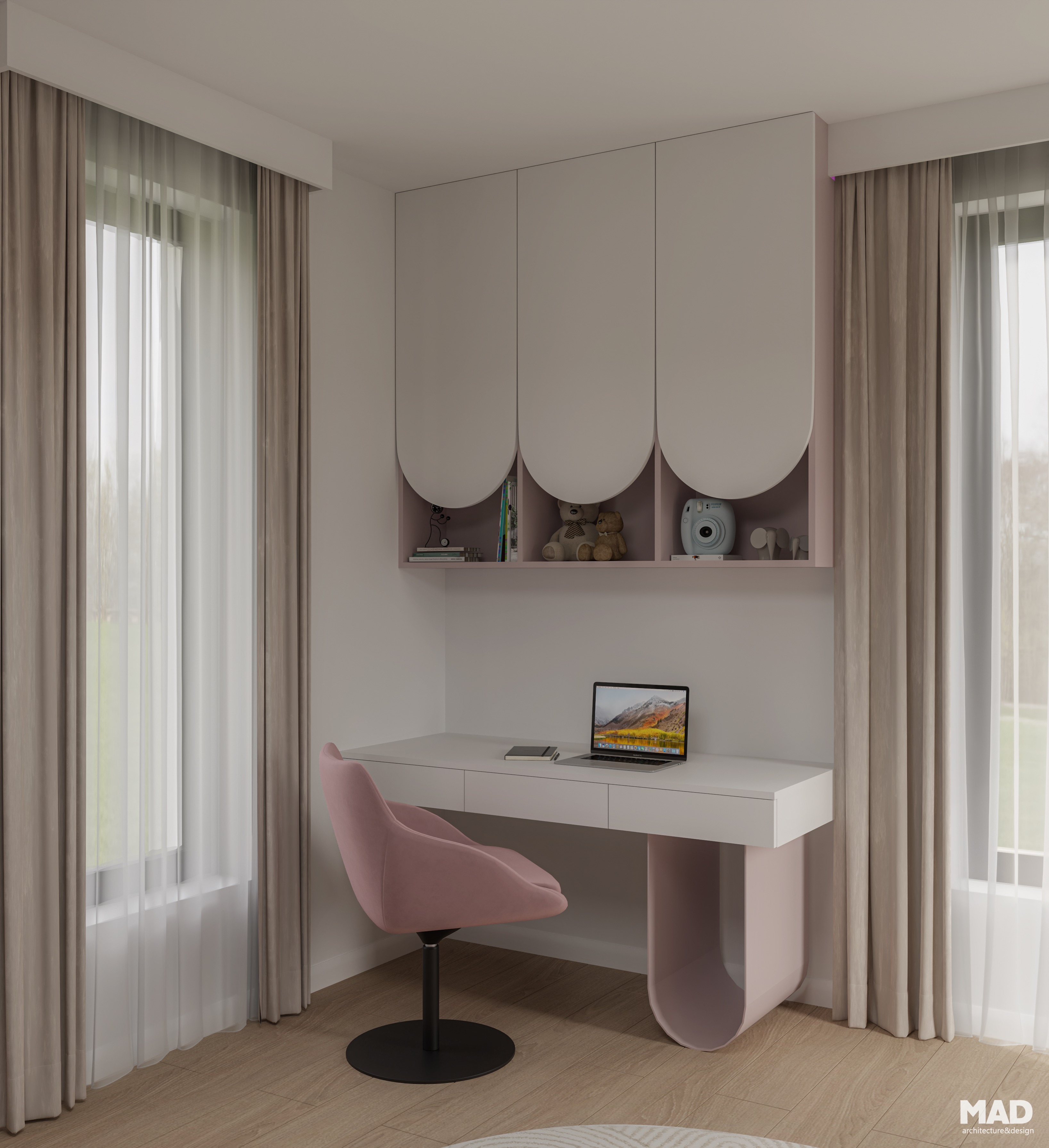 Zonă de studiu în camera fetiței, cu birou suspendat alb și detalii roz pastel, scaun tapițat și mobilier cu forme curbate, design contemporan realizat de MAD architecture&design.
