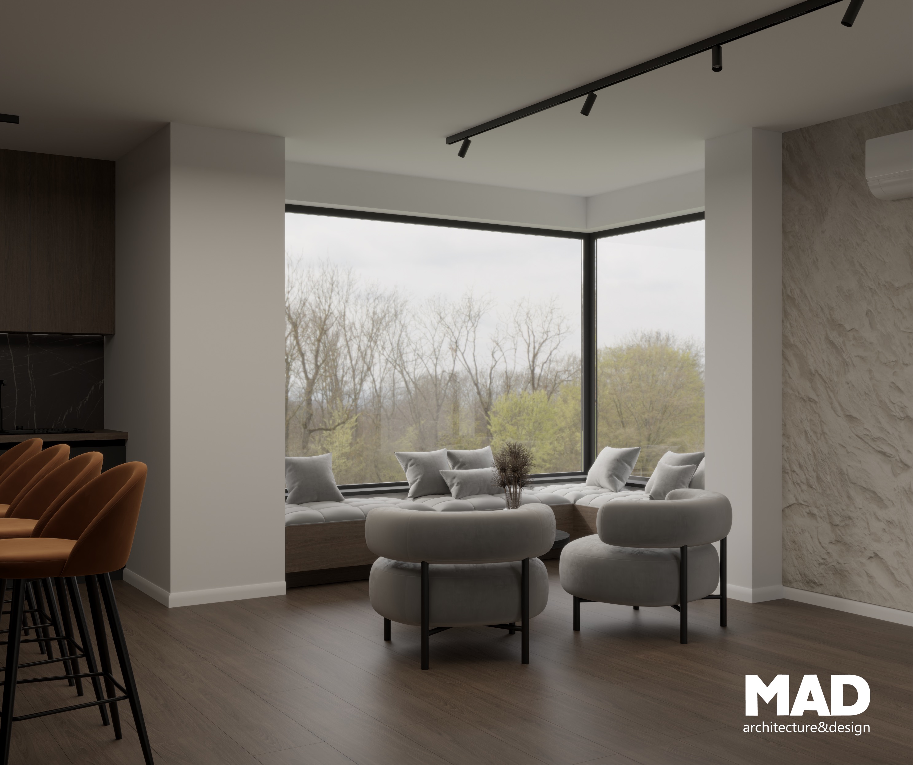 Colț de relaxare modern, cu fotolii gri, bancuță din lemn și fereastră panoramică, parte din zona de dining Casa M, design MAD architecture&design.