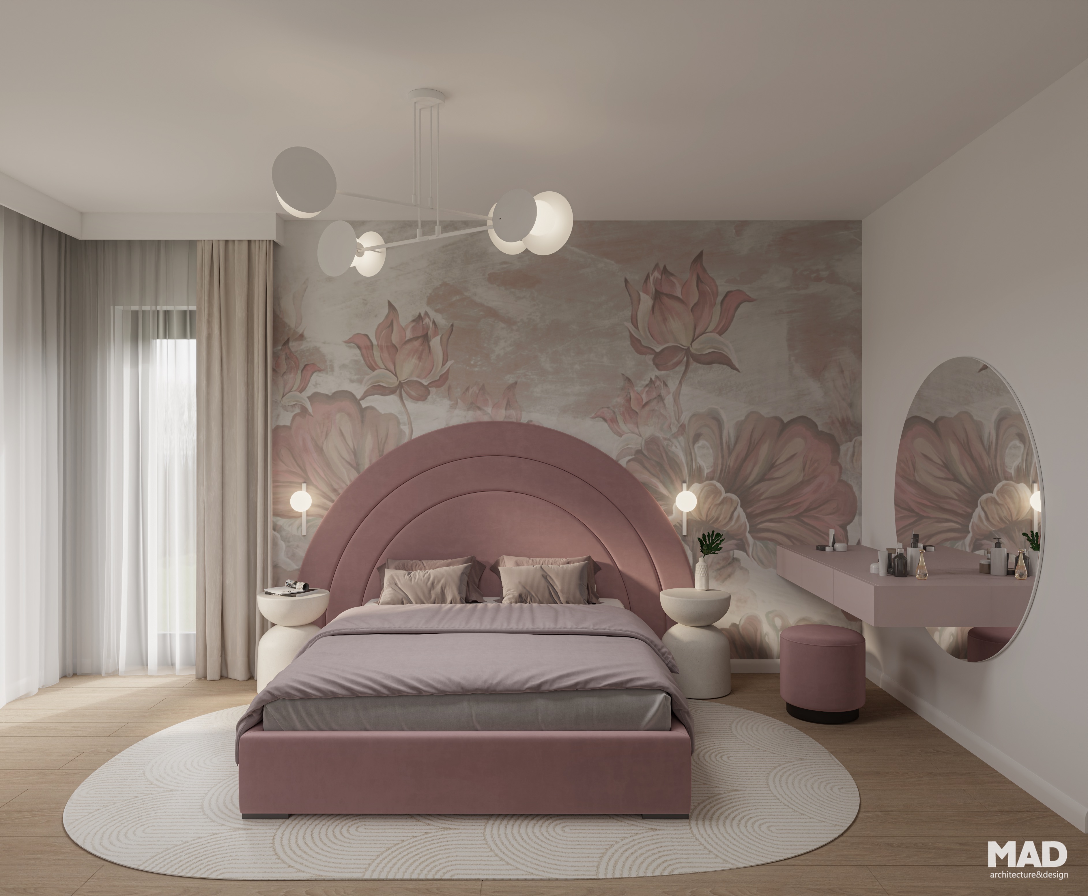 Dormitor de fetiță în tonuri pastel, cu pat roz arcuit, tapet floral și zonă de toaletă elegantă, stil contemporan semnat MAD architecture&design.