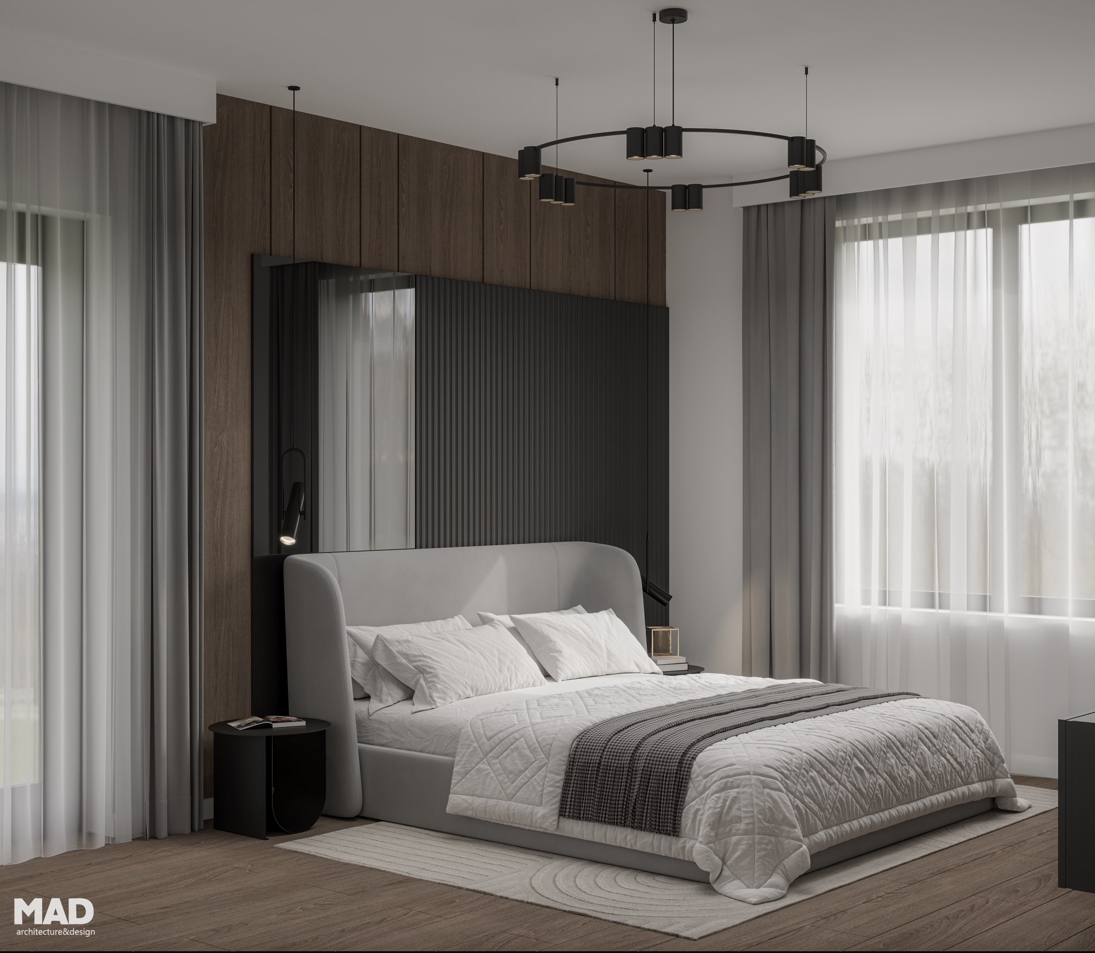 Dormitor matrimonial modern, în nuanțe neutre de gri și bej, cu mobilier minimalist și panou decorativ din lemn, realizat de MAD architecture&design.