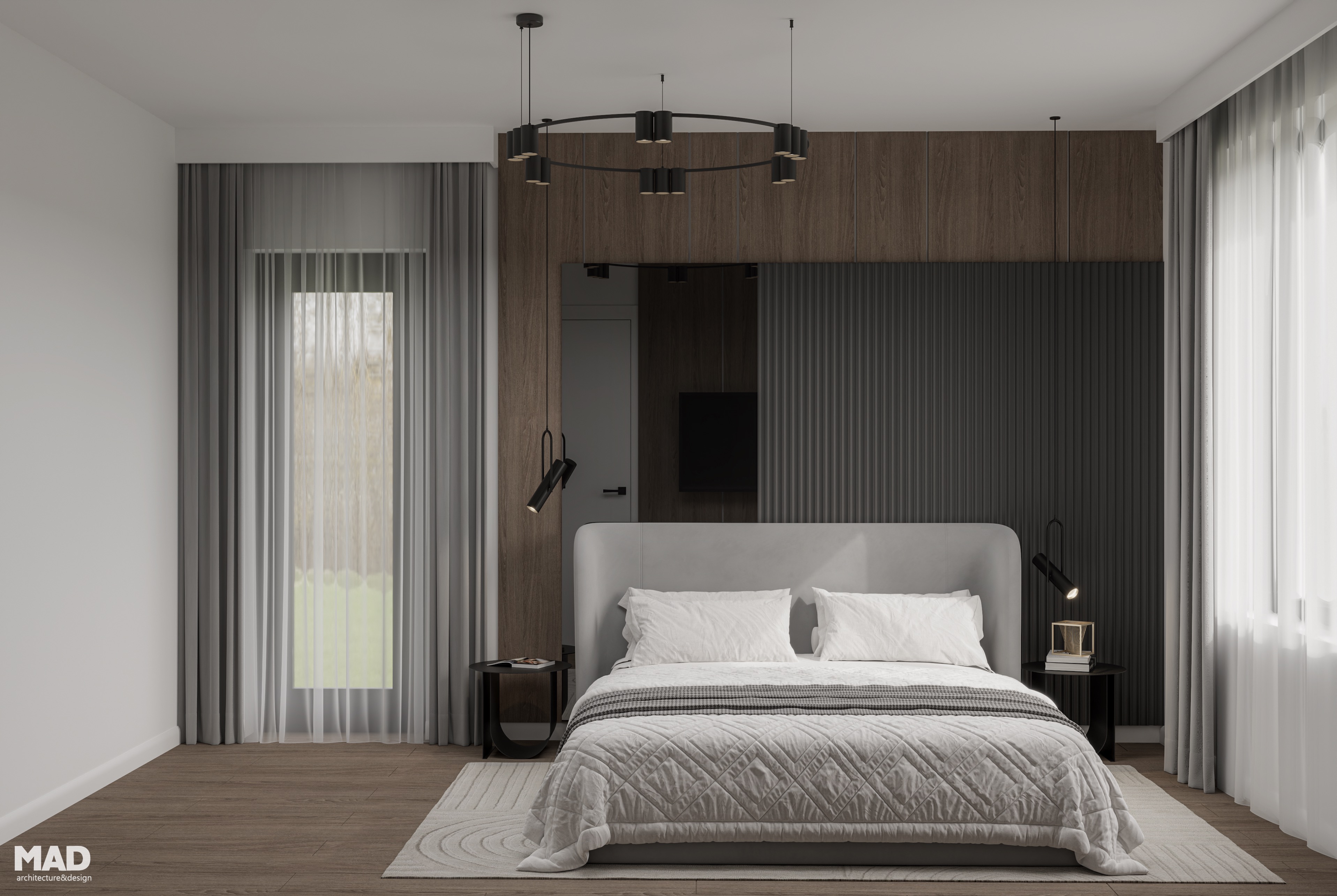 Vedere spre patul matrimonial, cu perete placat în lemn și riflaj vertical, iluminat ambiental și accente negre, design contemporan MAD architecture&design.